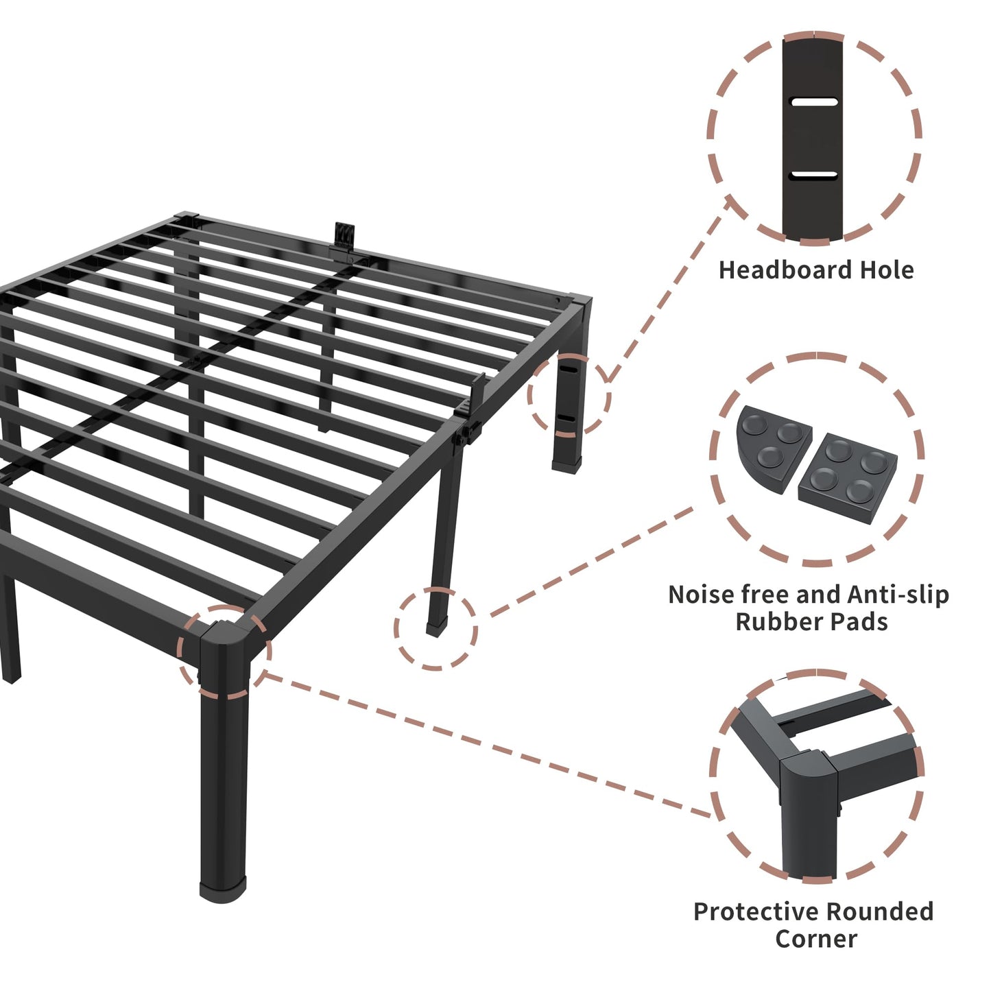 ROIL 14 inch King Size Bed Frame Metal Platform No Box Spring Needed with Headboard Hole Round Corner Legs Mattress Stoppers Retainers 3500LBS Heavy Duty Steel Slats Noise-Free
