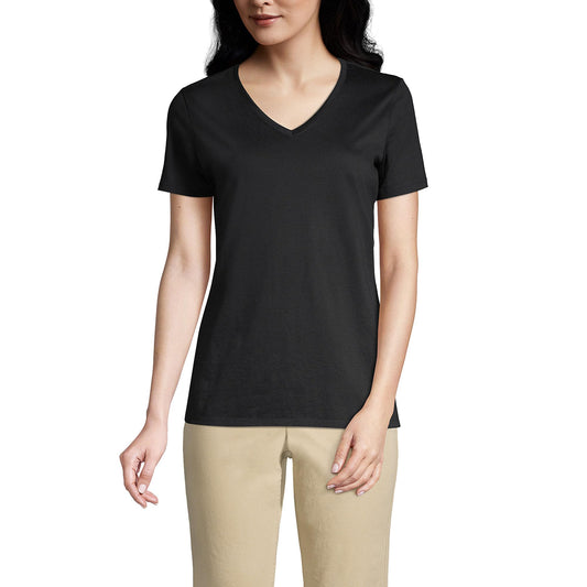 Lands' End Womens SS Relaxed Supima V Neck T Shirt Black Tall Large
