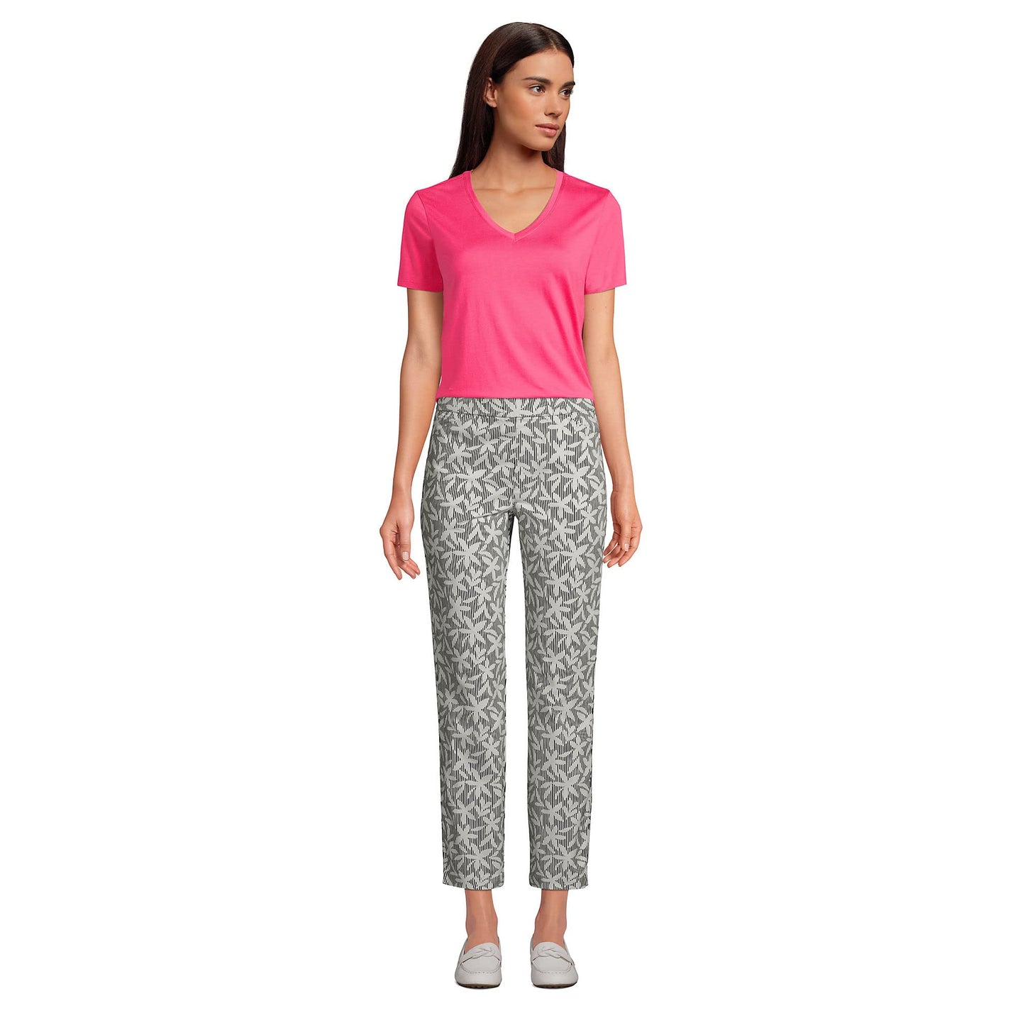 Lands' End Womens SS Relaxed Supima V Neck T Shirt Hot Pink Tall Small