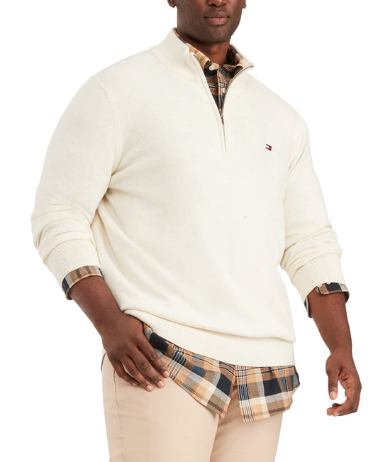 Tommy Hilfiger Men's Big and Tall Long Sleeve Cotton Quarter Zip Pullover Sweater, Snow White Heather, 2XL-Tall