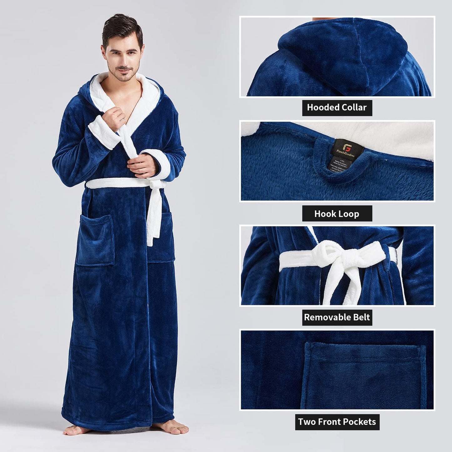 FashGudim Mens Robes Big and Tall with Hood Two-Tone Flannel Fleece Contrast Bathrobe Full Length Plush Long Robe Warm House Coat (Navy & White, L/XL)