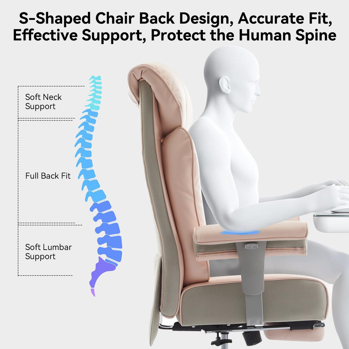 Efomao Big and Tall Ergonomic Office Chair 450LBS with Foot Rest, High Back PU Leather Executive Chair with Adjustable Padded Armrests, Lumbar Support for Home or Work, Heavy Duty Computer Chair, Pink