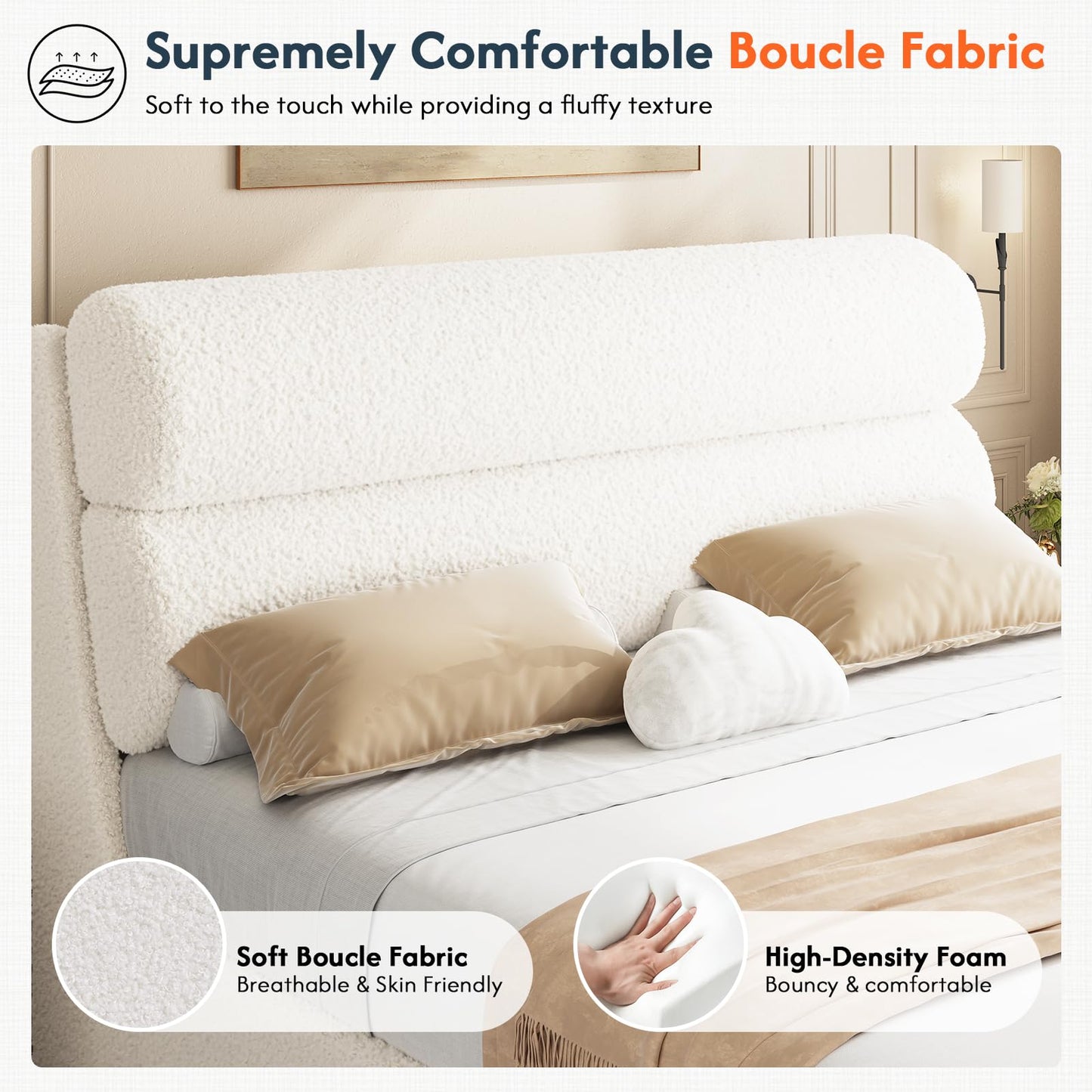 DICTAC California King Boucle Bed Frame with Headboard, Upholstered Platform Bed with Wood Slats, Soft Cloud Bed with Solid Wood Legs, No Box Spring Required, Easy Assembly, Cream