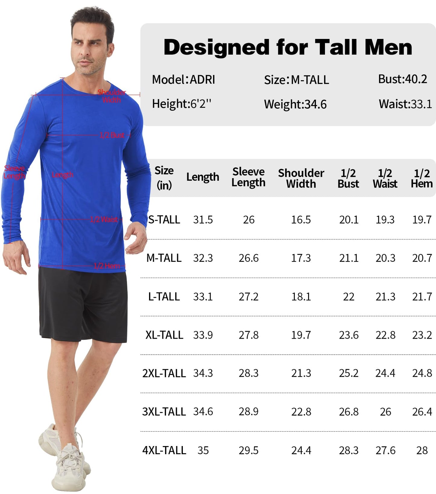 Men's Tall Rash Guard Long Sleeve T Shirts - UPF 50+ Sun Protection Tee Shirt for Fishing, Swim, Hiking Blue