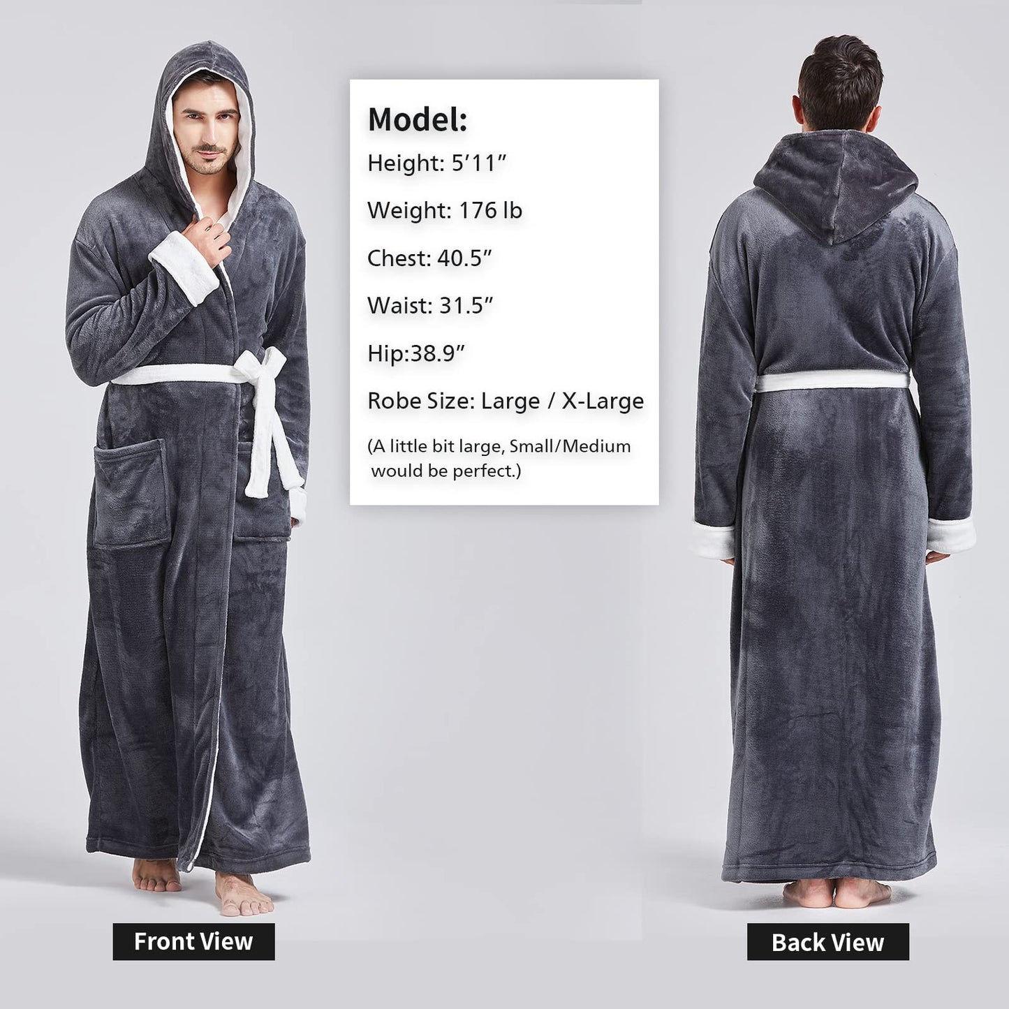 FashGudim Mens Robes Big and Tall with Hood Two-Tone Flannel Fleece Contrast Bathrobe Full Length Plush Long Robe Warm House Coat (Grey & White, S/M)