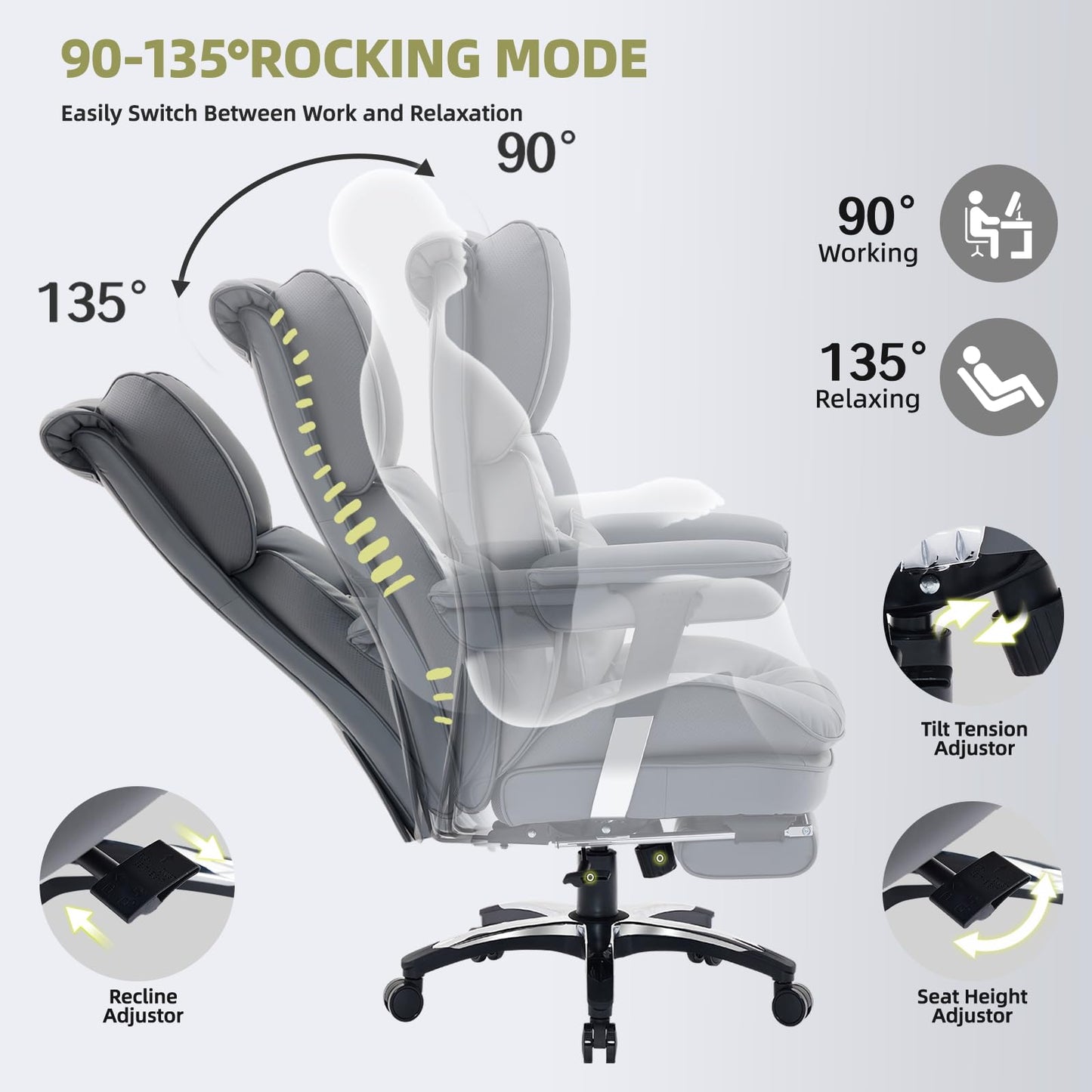 Efomao Big and Tall Office Chair with Footrest – High Back Computer Chair with Adjustable Armrests，Executive Office Chair with Wide Seat, Modern Desk Chair for Home Office, Gaming, or Study, Grey