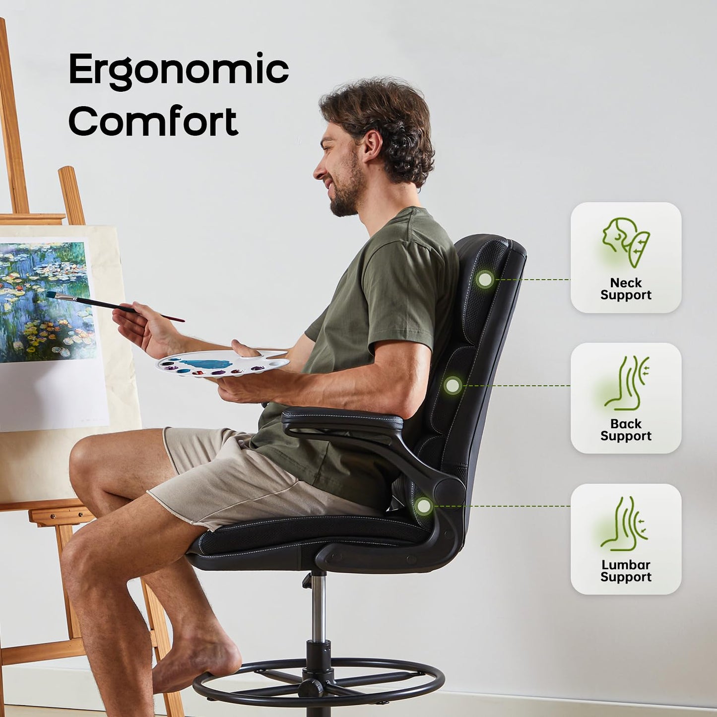 Drafting Chair Tall Office Chair with Padded Flip-up Armrests Executive Ergonomic Computer Standing Desk Chair with Comfortable Leather Backrest and Adjustable Footrest Ring (Black)