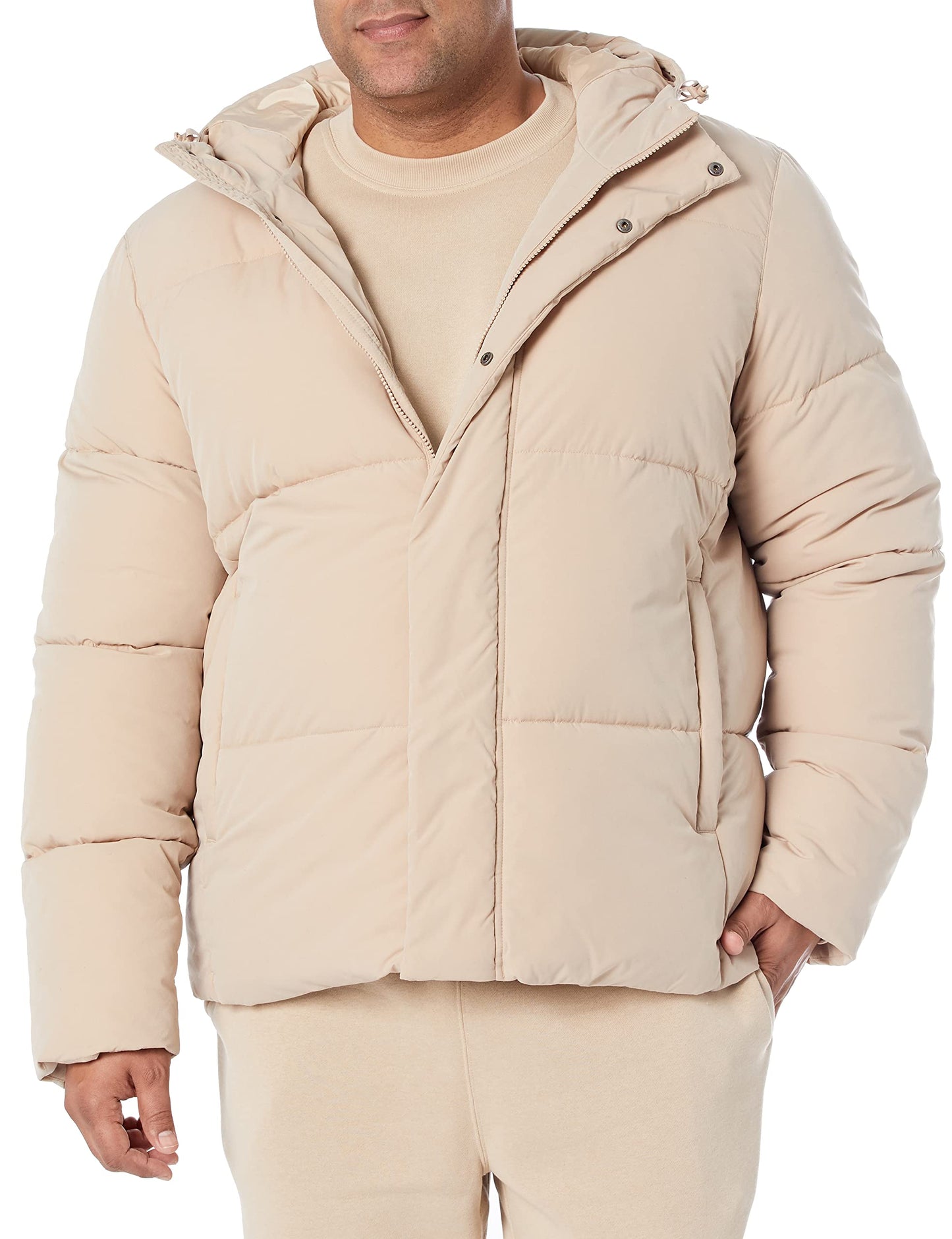 Amazon Essentials Men's Mid-Length Hooded Puffer Coat (Available in Big & Tall), Tan, 4X-Large Big Tall