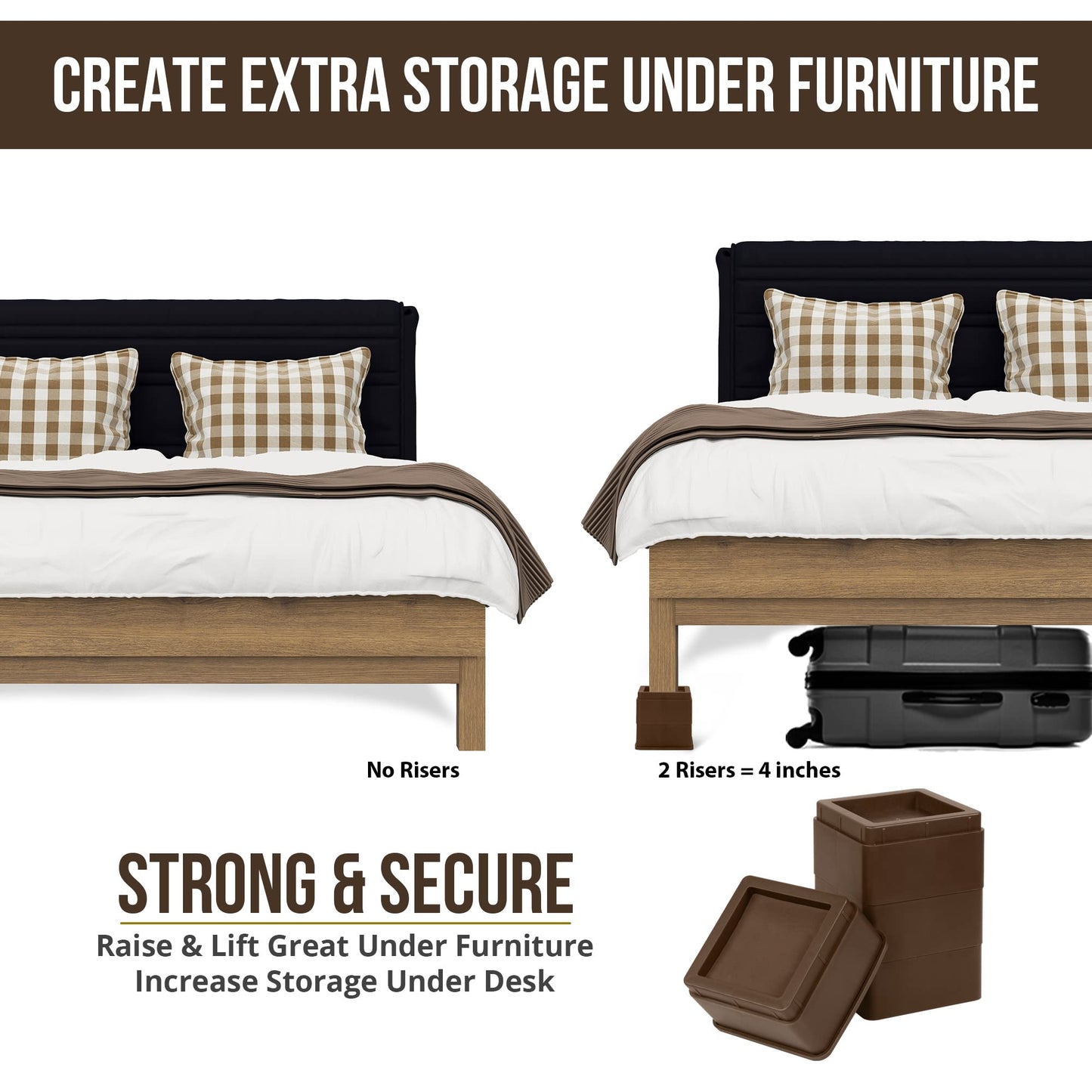 Utopia Bedding Bed Risers 2 Inch - Pack of 8 - Adjustable Furniture Risers 2 & 4 inch - Anti Slip Foam & Rubber Pad - Stackable Beds Lifts Heavy Duty for Sofa, Bed, Table, Couch & Chair (Brown)