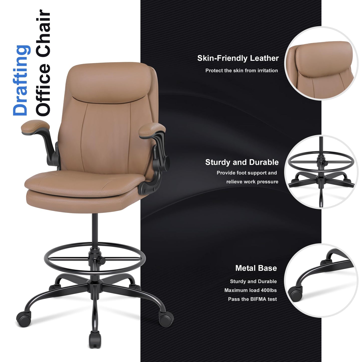 Misolant Leather Drafting Chair, Tall Office Chair for Standing Desk, High Executive Office Chair with Adjustable Height and Flip-up Armrest for Counter Height Desk