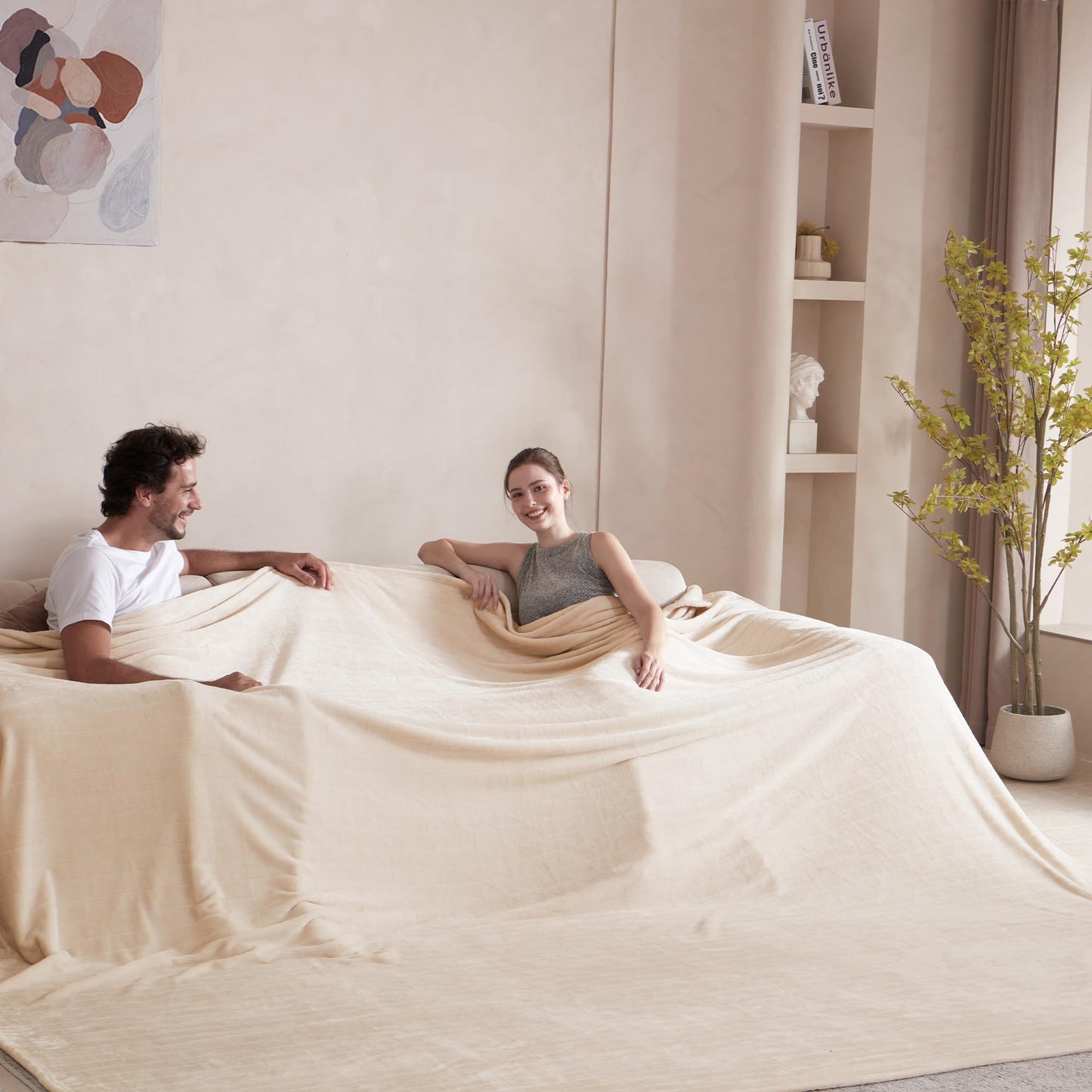 Serenhom Extra Large 120x120 Inch Giant Soft Cozy Fleece Blanket, Huge Oversized Seamless King 3D Jacquard Decorative California King Blanket for Bed, Couch, Travel - Striped Khaki