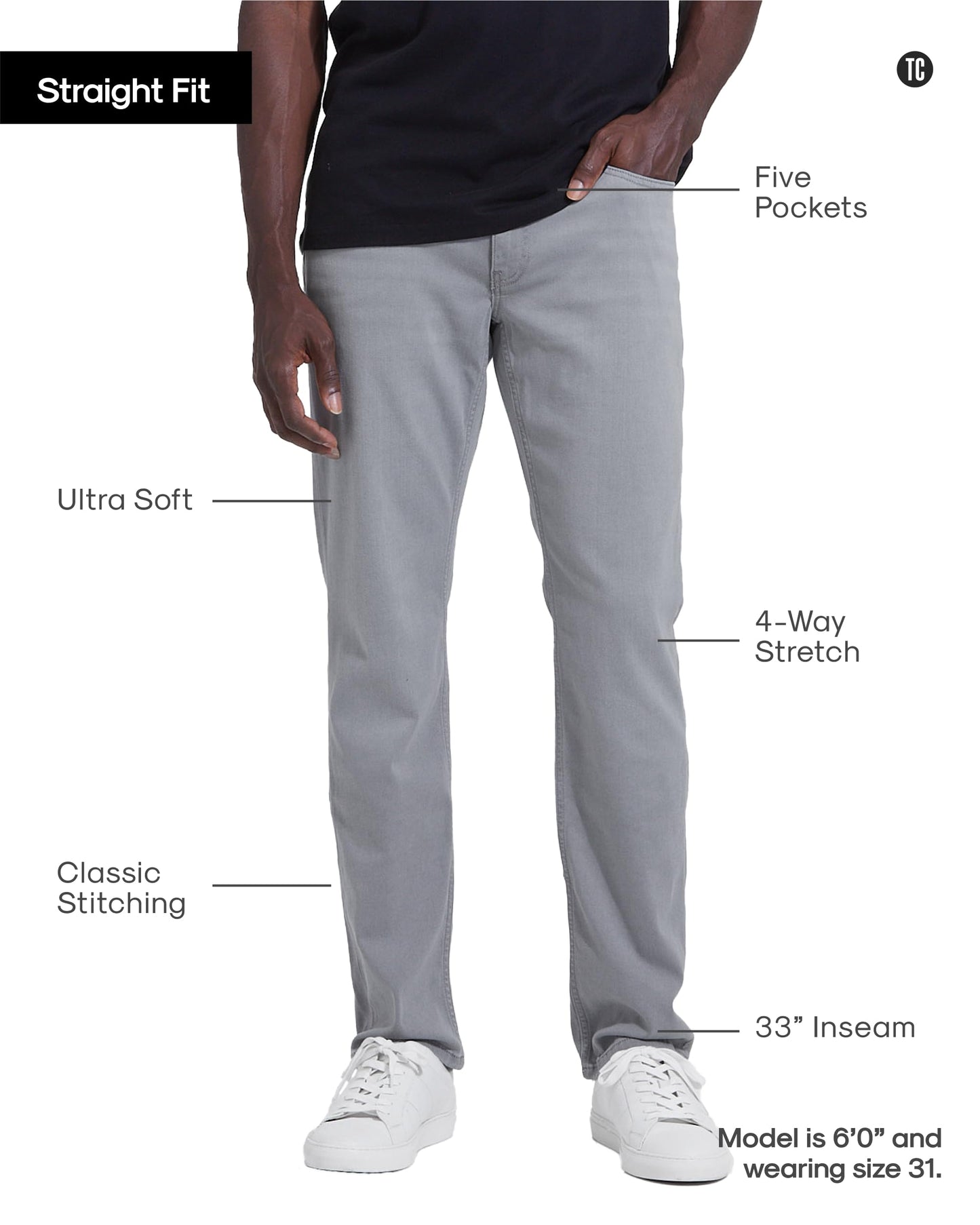 True Classic Mens Jeans – Stretch Jeans for Men, Straight Fit Men’s Stretch Jean, Straight Leg, High-Stretch - Medium Gray, 40W X 36L