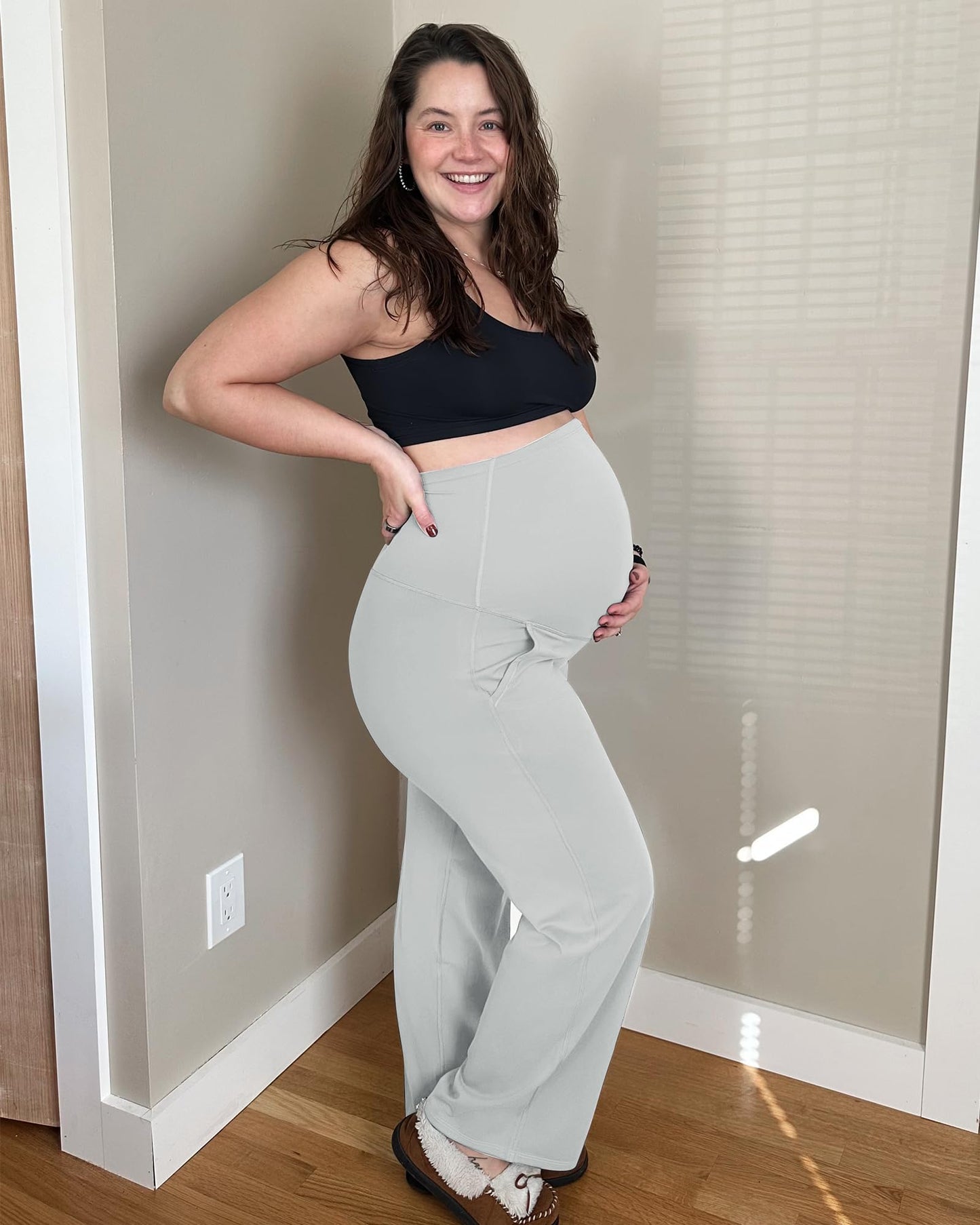 G4Free Maternity Pants for Work High Waist Straight Palazzo Pants with Pockets for Athletic Yoga (Light Gray,XL,32")