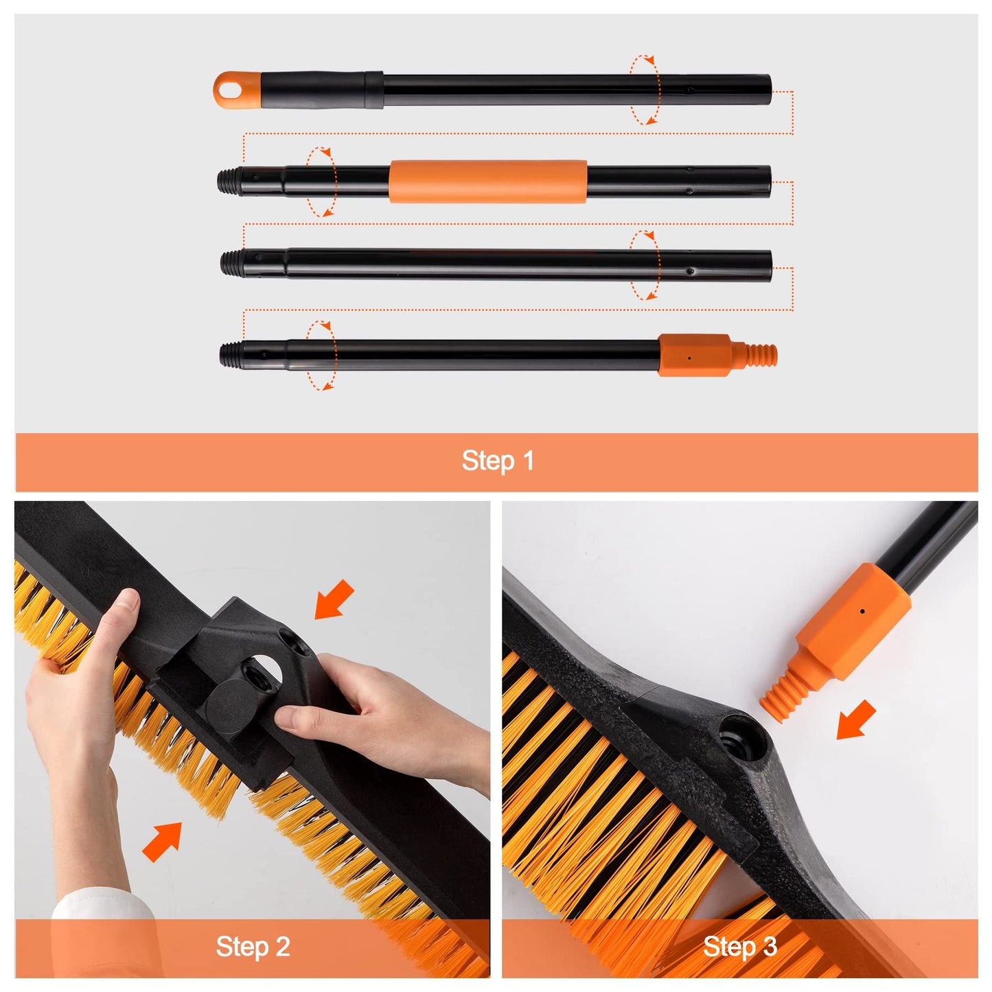 CLEANHOME 24”Push Broom Brush for Floor Cleaning with 65” Long Handle and Stiff Bristles, Heavy Duty Brush for Shop, Deck, Garage, Concrete,Indoor and Outdoor Broom,Orange