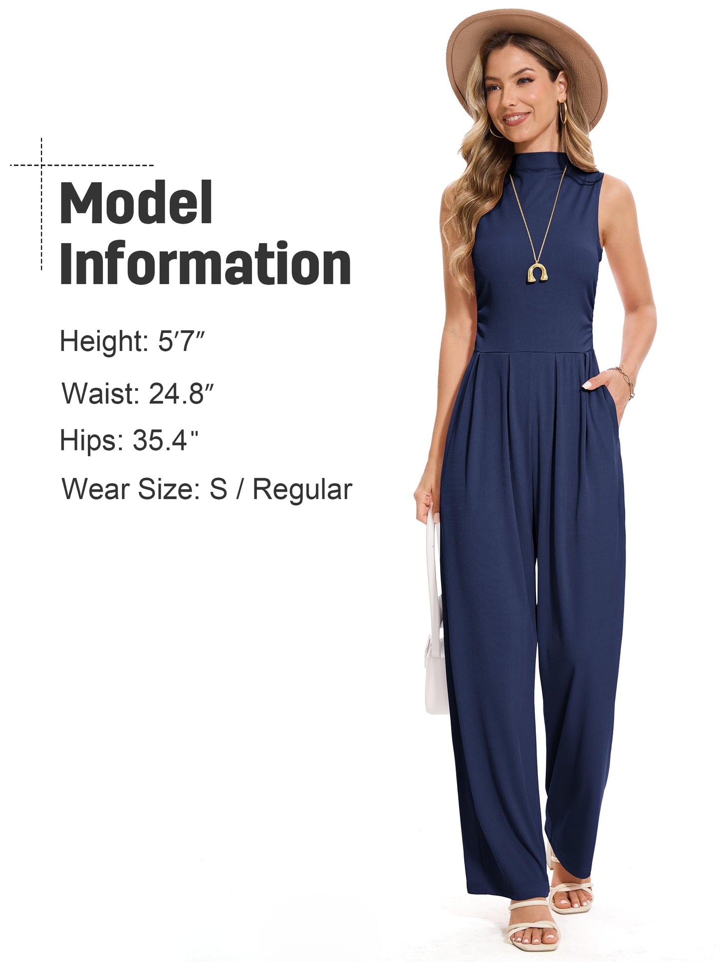 Tapata Women's Jumpsuits Dressy Casual One Piece Outfits Sleeveless Rompers Wide Leg Pants with Pockets, Tall, Navy Blue, Medium
