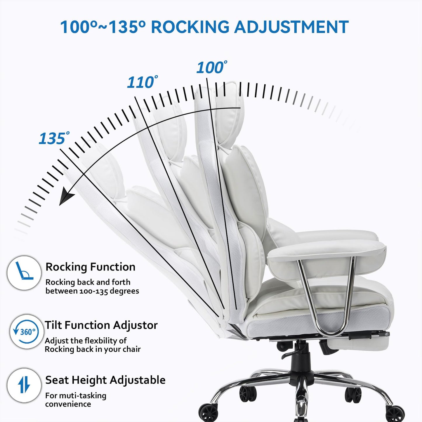 Efomao Big and Tall Office Chair 400lbs – High Back PU Leather Executive Chair with Lumbar Support, Footrest, Swivel Base, Padded Armrests, and Rolling Wheels for Home Office, White Computer Chair
