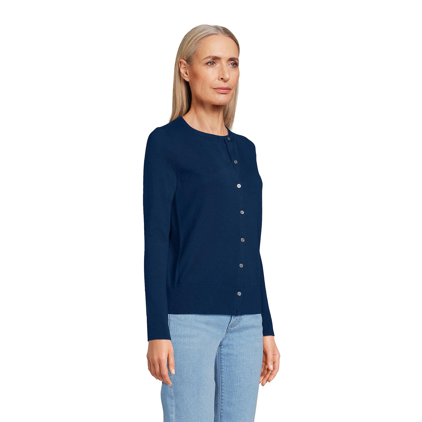 Lands' End Womens FG Cotton Cardigan Sweater Deep Sea Navy Tall Small
