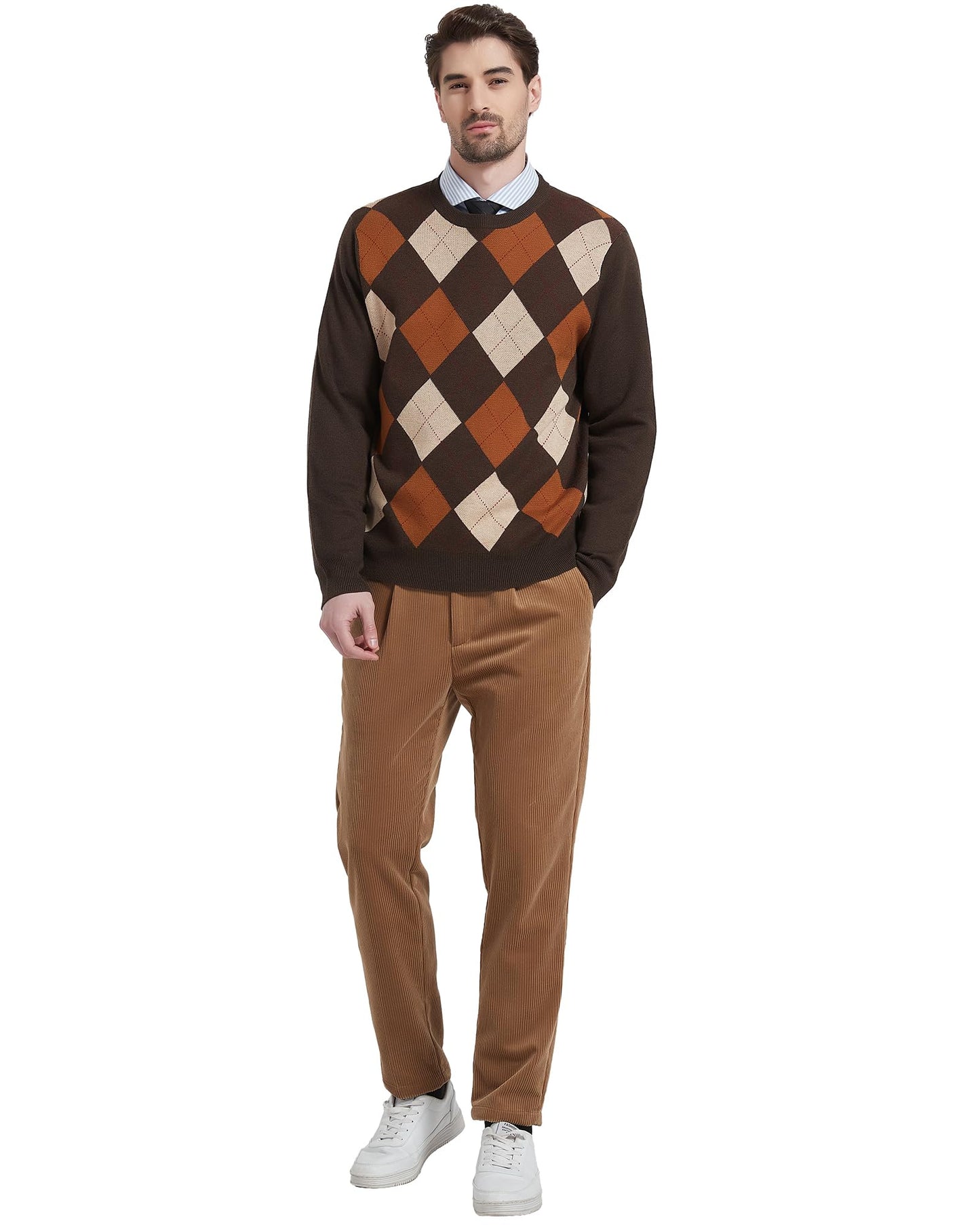 Kallspin Men's Wool Blend Crewneck Sweater Argyle Long Sleeve Pullover Sweater for Casual Or Dressy Wear(Brown,L-Tall)