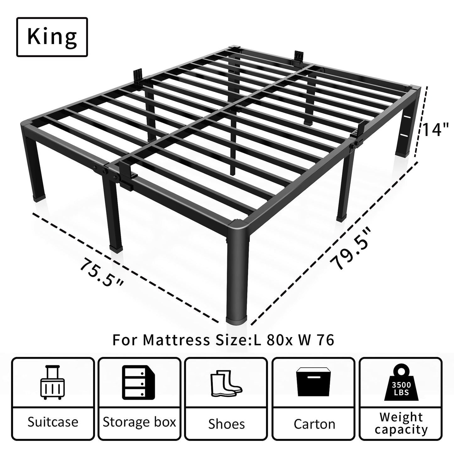 ROIL 14 inch King Size Bed Frame Metal Platform No Box Spring Needed with Headboard Hole Round Corner Legs Mattress Stoppers Retainers 3500LBS Heavy Duty Steel Slats Noise-Free