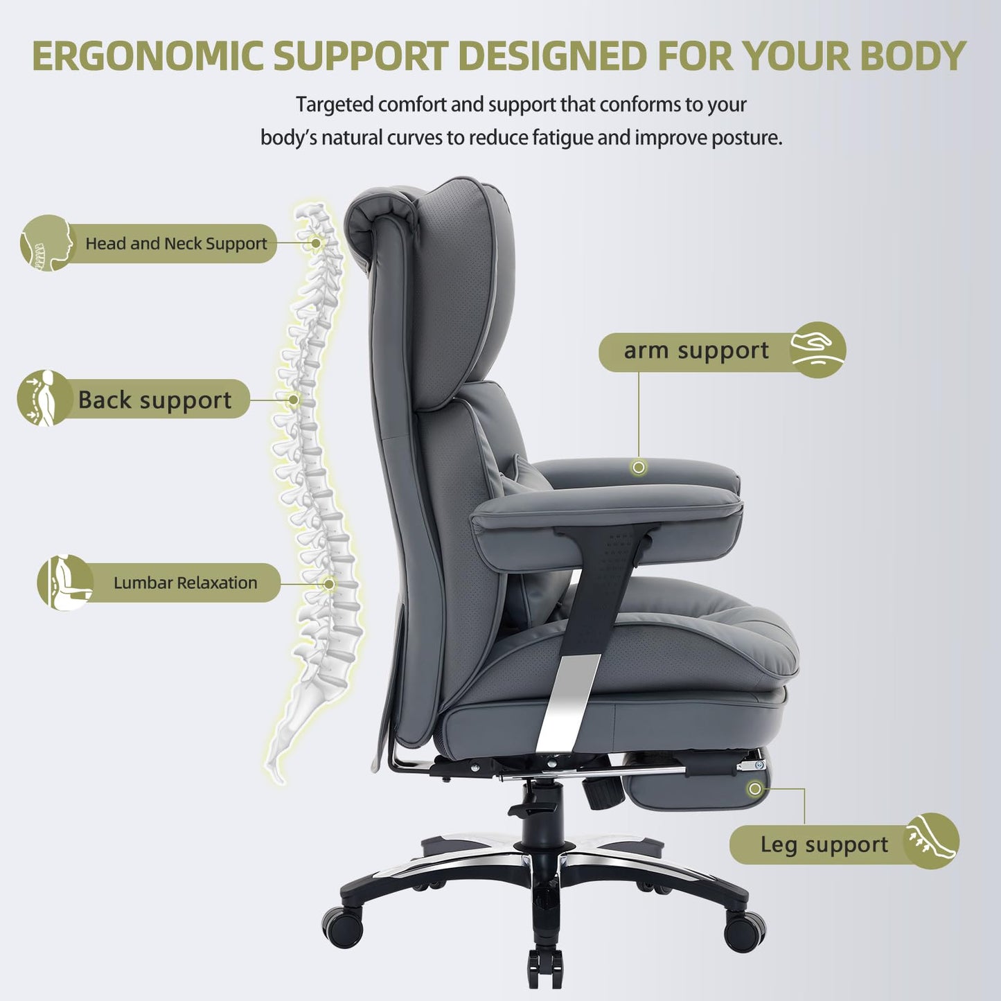 Efomao Big and Tall Office Chair with Footrest – High Back Computer Chair with Adjustable Armrests，Executive Office Chair with Wide Seat, Modern Desk Chair for Home Office, Gaming, or Study, Grey