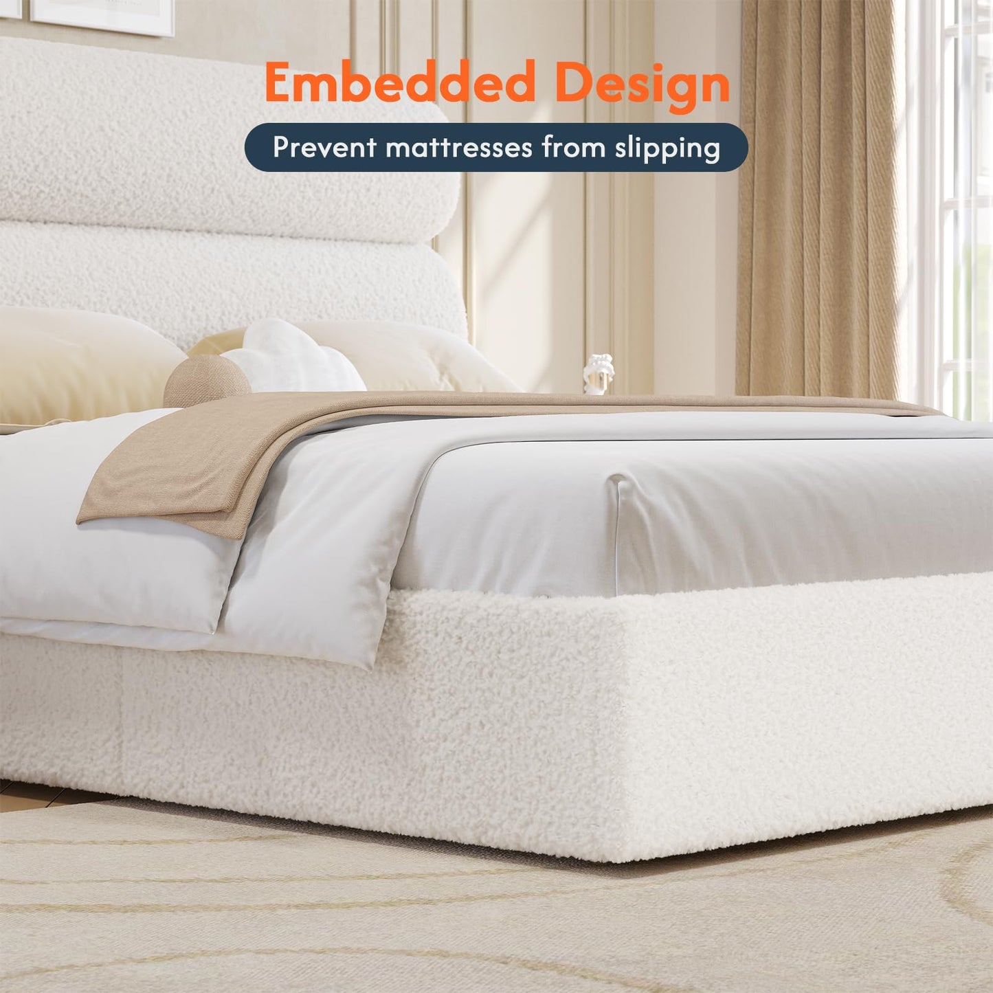 DICTAC California King Boucle Bed Frame with Headboard, Upholstered Platform Bed with Wood Slats, Soft Cloud Bed with Solid Wood Legs, No Box Spring Required, Easy Assembly, Cream