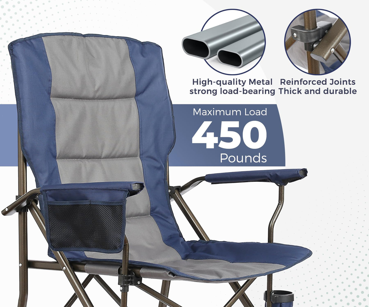 SKIKEN Large High Back Camping Chair for Adults - Oversized Comfortable for Tall People - Heavy Duty 450lbs Capacity K-Frame, Padded Seat & Armrests for Sitting Fishing Lawn Outside, Cup Holder (Blue)