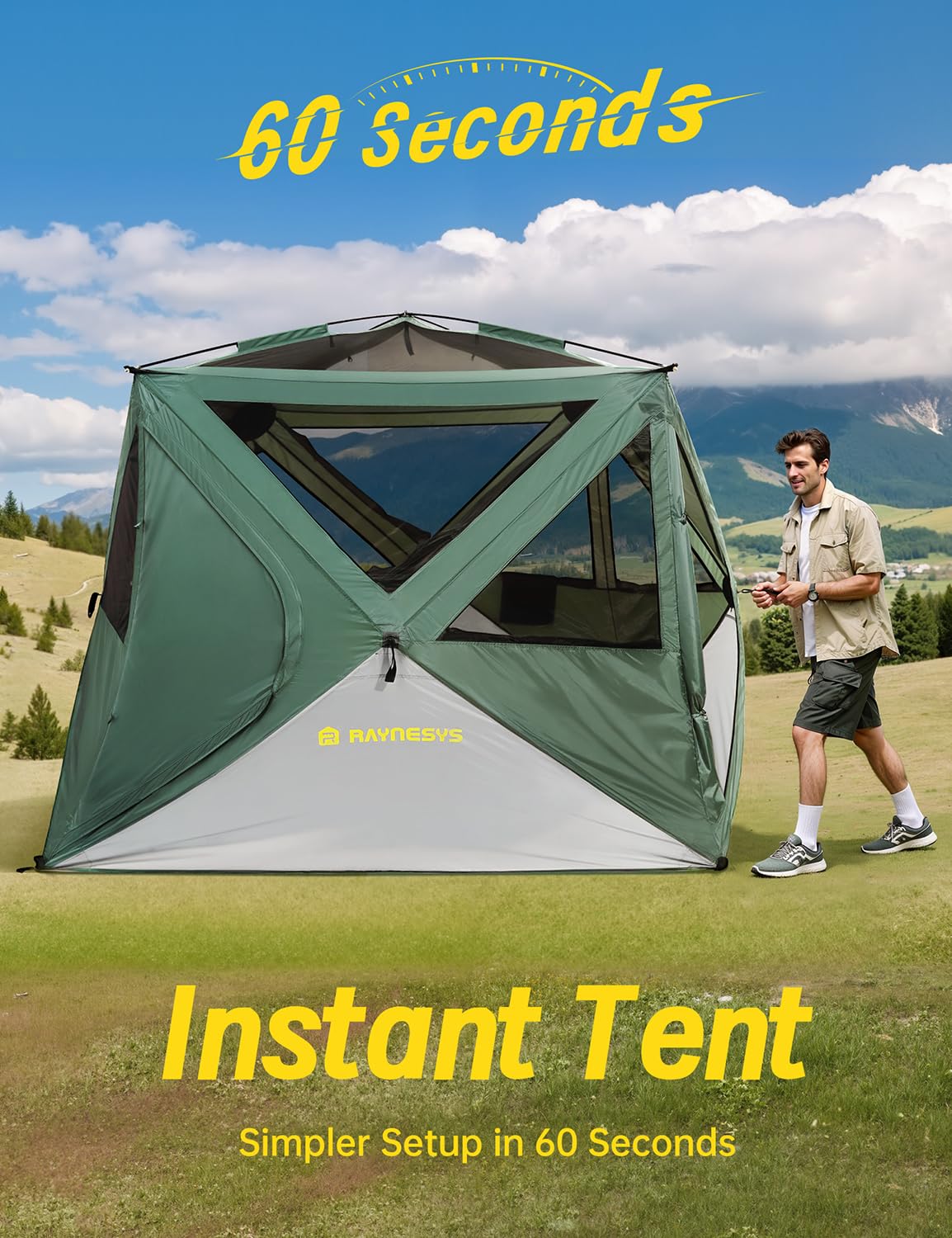 Camping Tent for 4 Person, Pop up Tents, 4 Person Tent for Camping, Setup in 60 Seconds, Water-Resistant Windproof Hub Tents, Portable Instant Cabin with Removable Floor