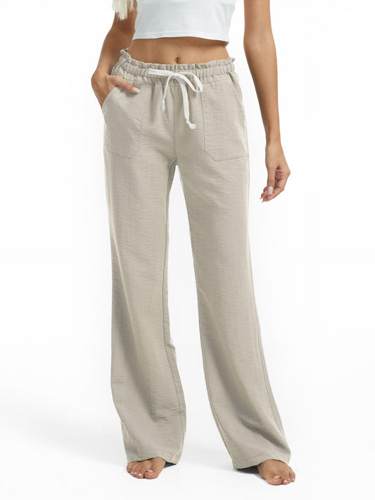 SEVEGO Women's Casual Linen Pants Extra Tall 36" Inseam Flared Leg Smocked Waist Beach Summer Slacks, Khaki, XX-Large
