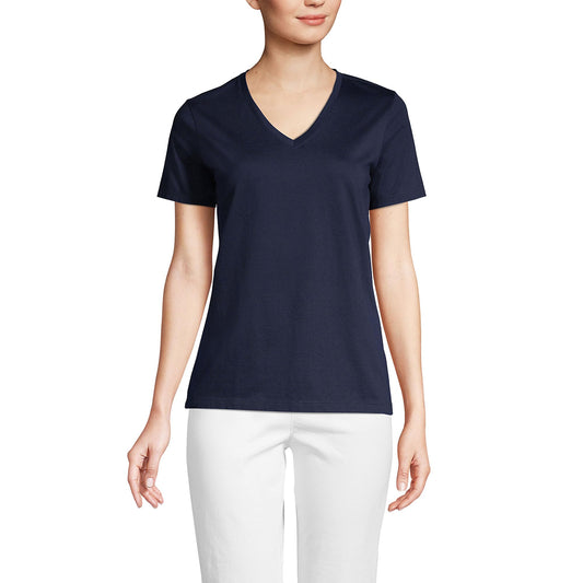 Lands' End Womens SS Relaxed Supima V Neck T Shirt Radiant Navy Tall Large