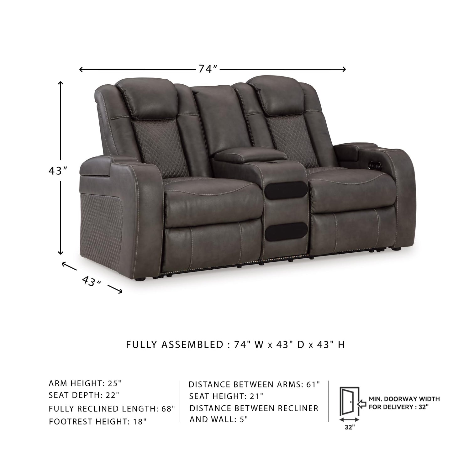 Signature Design by Ashley Fyne-Dyme Contemporary Power Reclining Loveseat with Console, USB Charging Ports and Adjustable Headrest, Gray