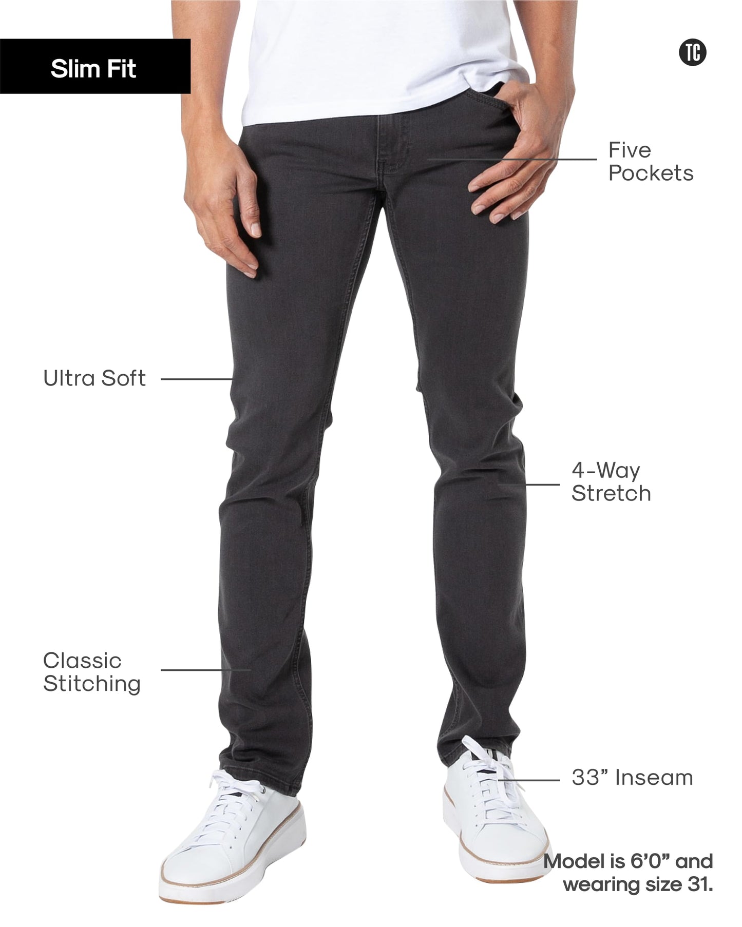 True Classic Mens Jeans – Stretch Jeans for Men, Slim Fit Men’s Stretch Jean - Tapered Skinny Fit, High-Stretch - Gray, 34W X 36L