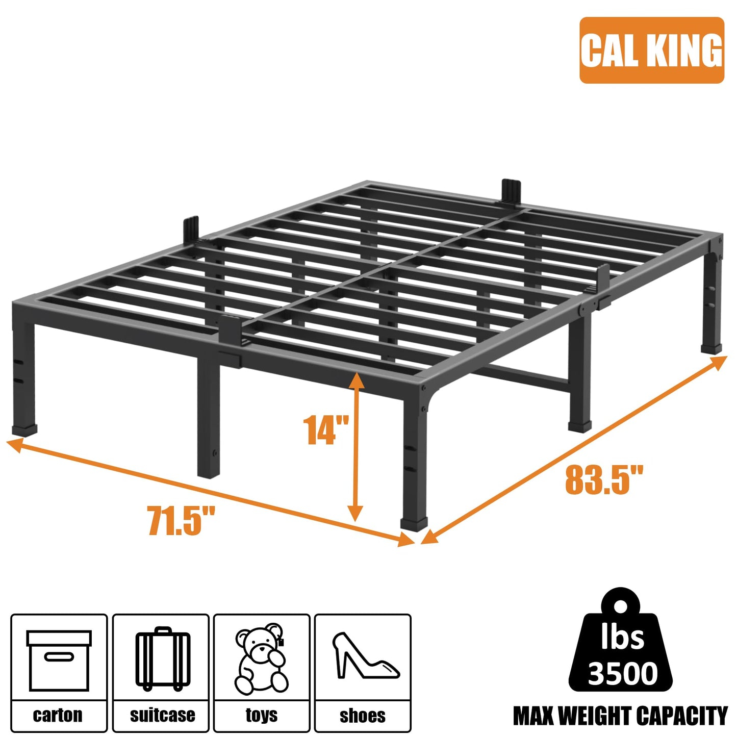 FUIOBYVV California King Bed Frame 14 Inch Tall 3500 lbs Heavy Duty Metal Platform Bed Frame California King Size No Box Spring Needed/Noise Free/Non-Slip/Easy Assembly