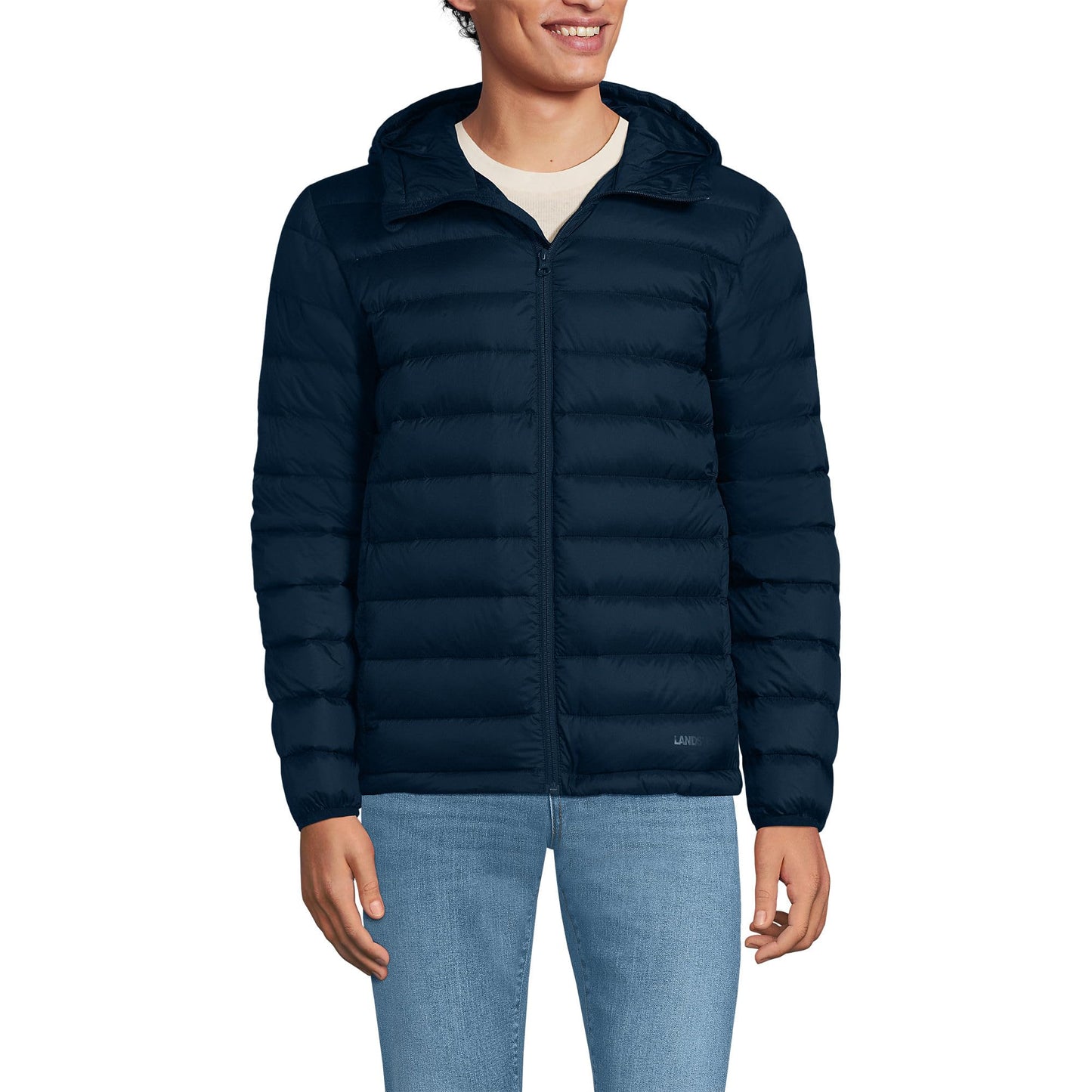 Lands' End Mens Hooded Wanderweight Down Jacket Radiant Navy Tall Medium