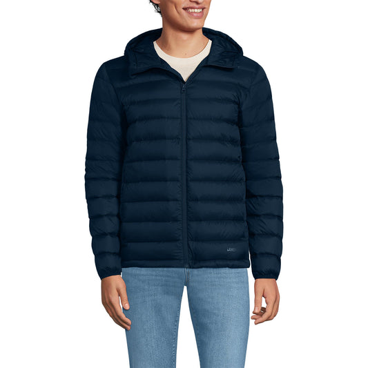 Lands' End Mens Hooded Wanderweight Down Jacket Radiant Navy Tall Medium
