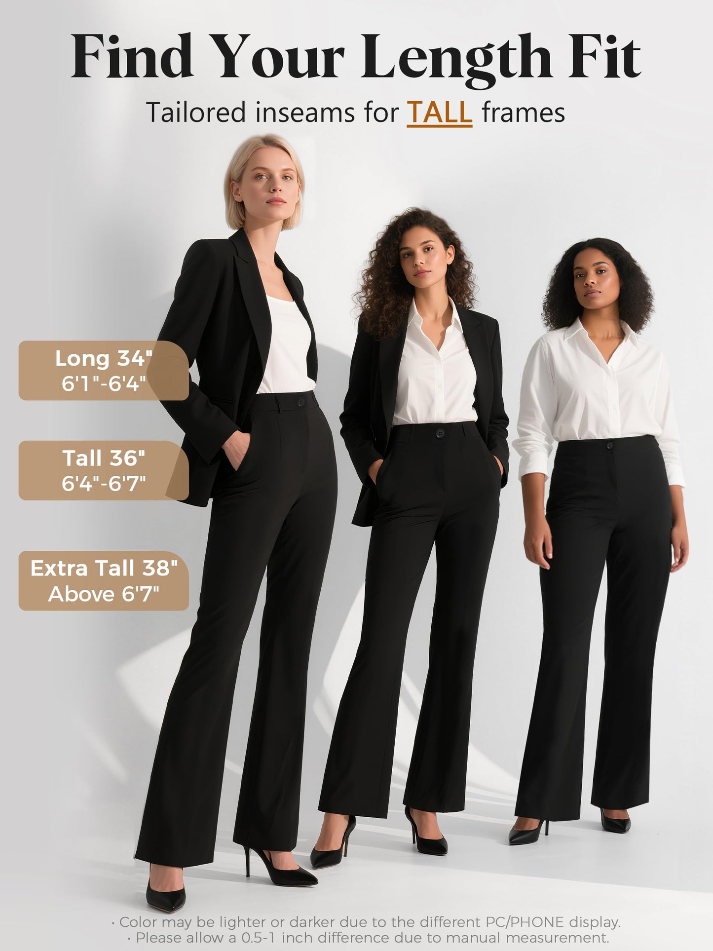 Tallemon Tall Womens Extra Long 38" Inseam Flared Dress Pants with Pockets Stretchy Work Utility Formal Slack, Black, M