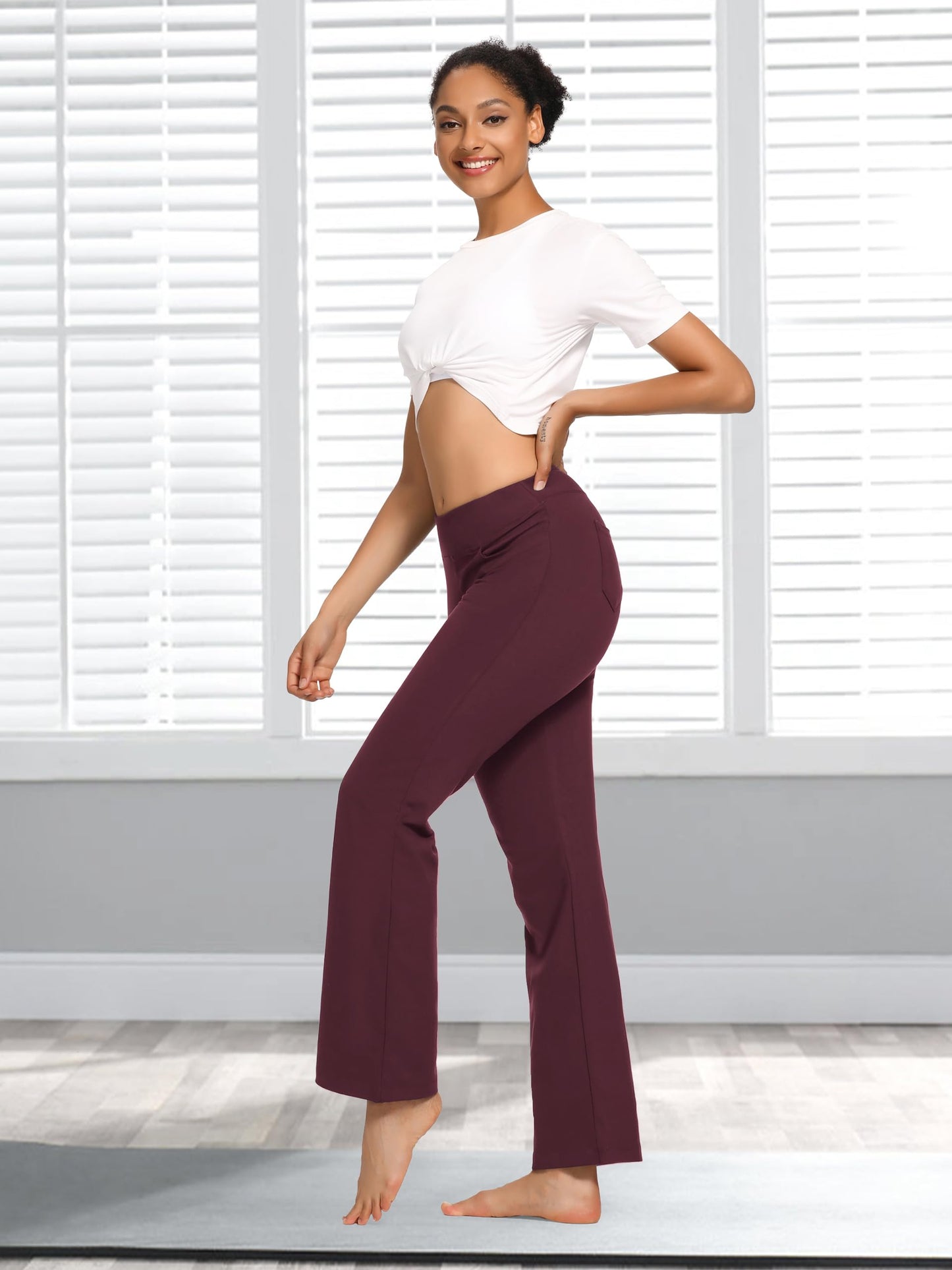 SEVEGO Women's Bootcut Yoga Dress Pants High Waist Stretch Work Pants with Pockets, 35" Burgundy, XL