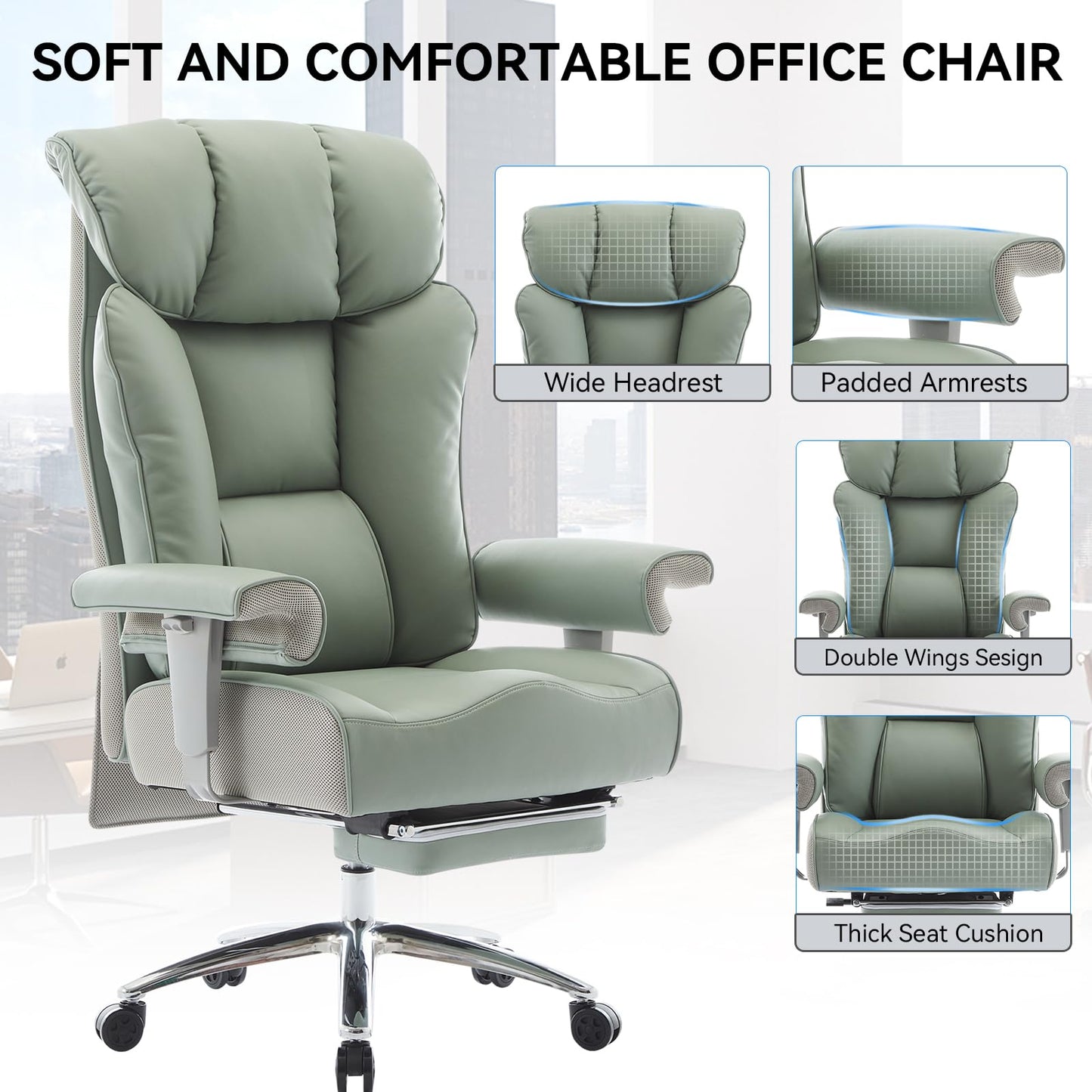 Efomao Big and Tall Green Office Chair 450LBS – Ergonomic High-Back Executive Chair with Footrest, Adjustable Padded Armrests, PU Leather Computer Chair with Lumbar Support for Home or Office，Green