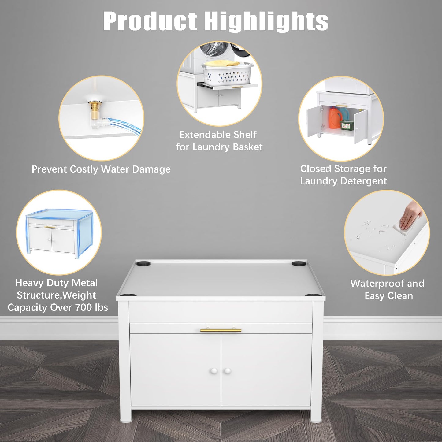 GDLF Laundry Pedestal Heavy Duty Metal Washer and Dryer Stand 29" Universal Fit Anti-Vibration Washing Machine Stand with Laundry Basket Shelf and Built-in Drain Pan + Hose,770 LBS Capacity,White