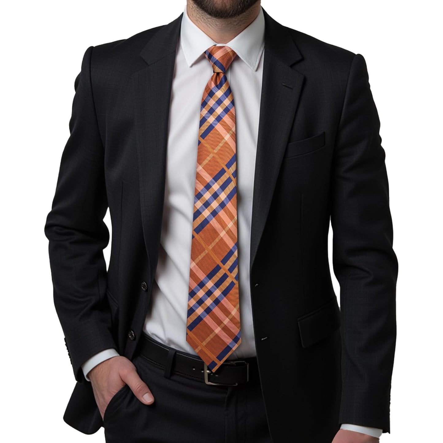 Hi-Tie 70''Navy Brown Tie Silk Extra Long Ties for Men XL Men's Ties Set Necktie and Pocket Square Cufflinks for Wedding