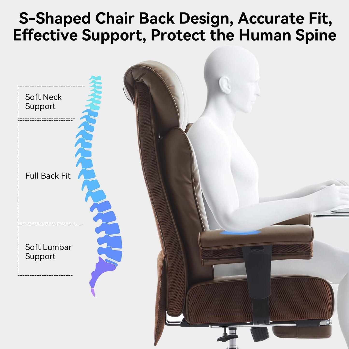 Big and Tall Ergonomic Office Chair 450LBS with Foot Rest, High Back PU Leather Executive Chair with Adjustable Padded Armrests, Lumbar Support for Home or Work, Heavy Duty Computer Chair, Brown