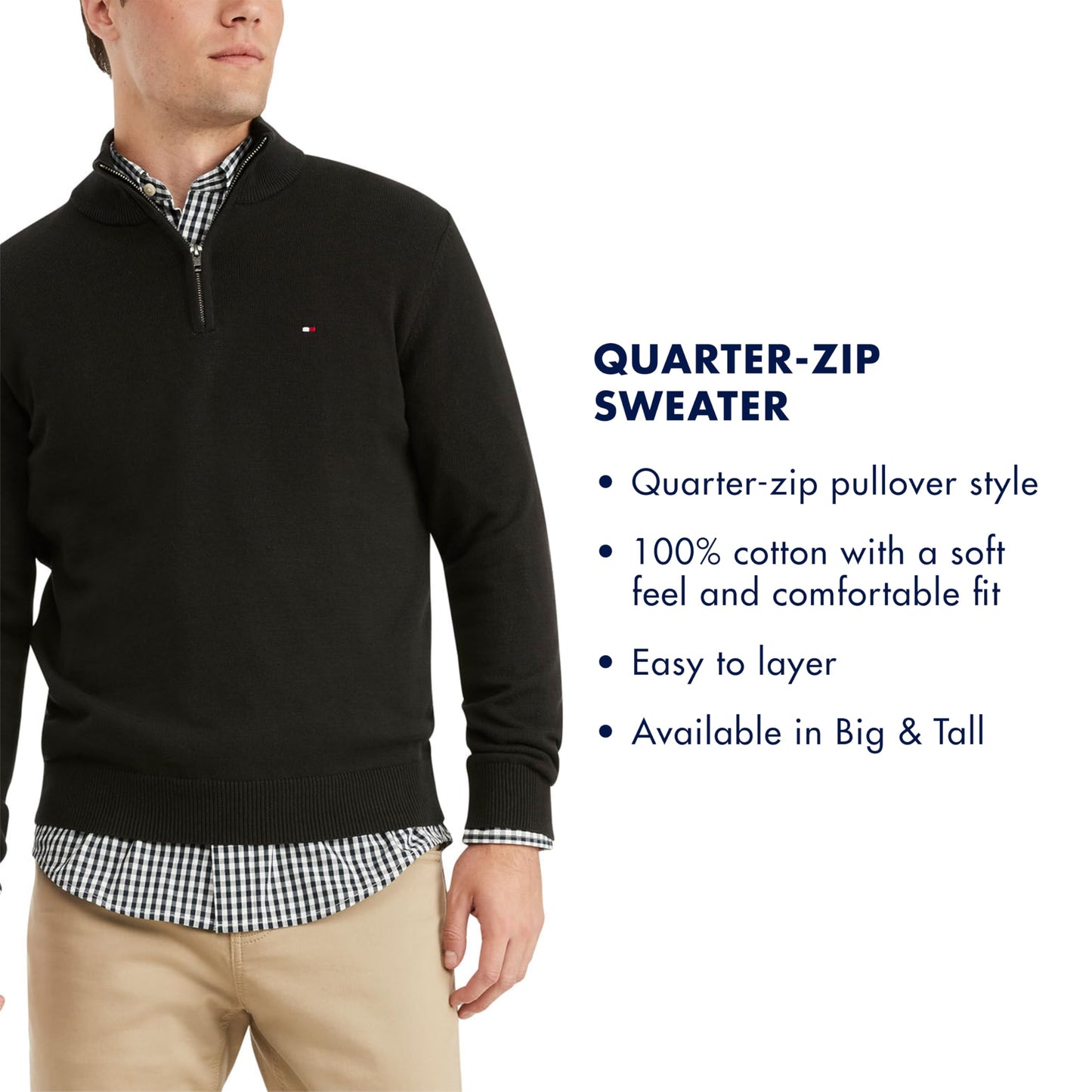Tommy Hilfiger Men's Big and Tall Long Sleeve Cotton Quarter Zip Pullover Sweater, Snow White Heather, 2XL-Tall