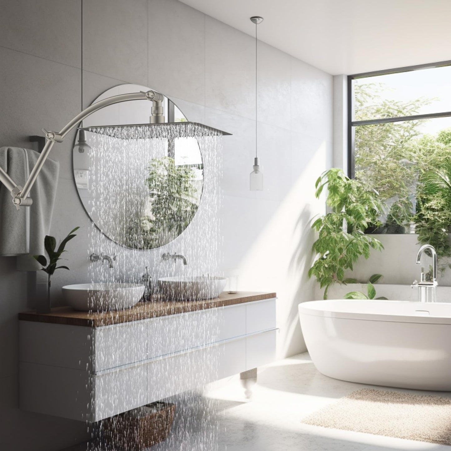 Hibbent Shower Head Extension Arm,16" Solid Brass Adjustable Extender with Lock Joint, Standard 1/2", Rise or Lower Rainfall and Fixed Shower Head,Height/Angle Adjustable Extension Arm, Brushed Nickel