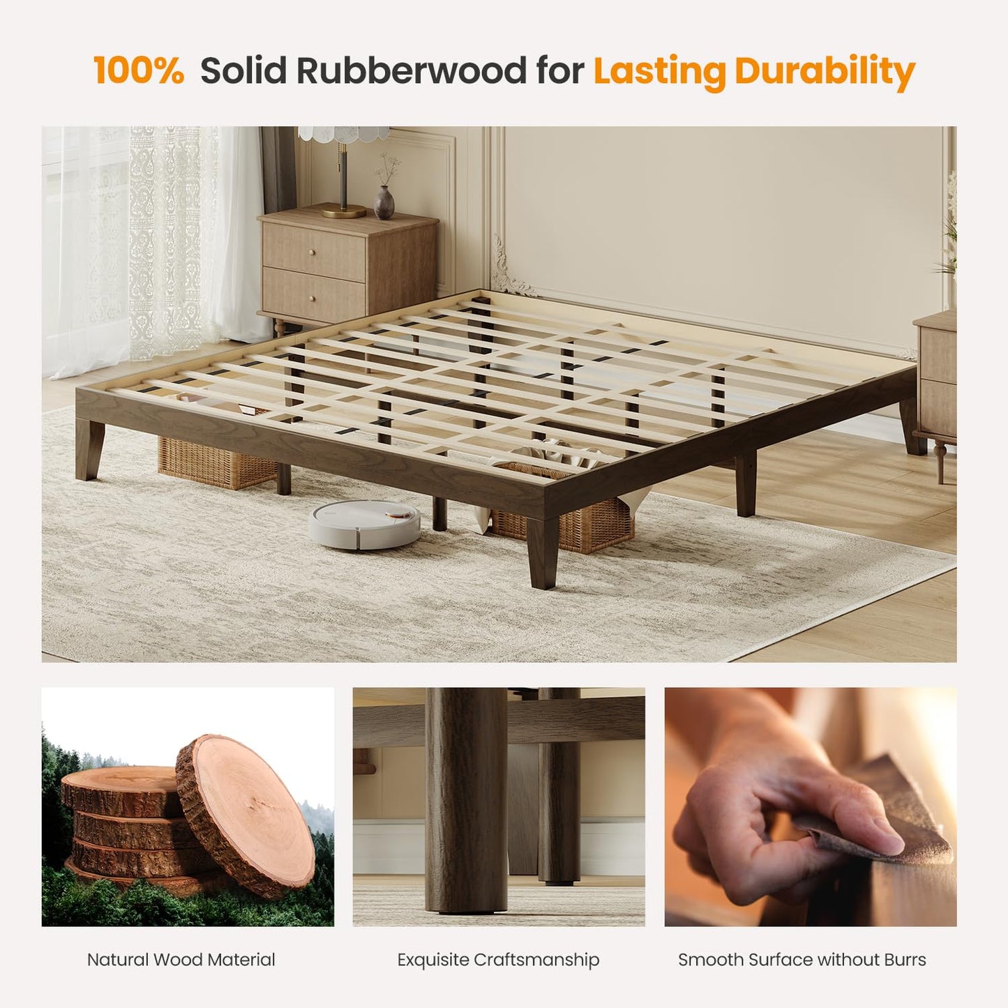 Cal King Size Wood Platform Bed Frame, 12 Inch Solid Wood Bed Frame with Wooden Slats, No Box Spring Needed, Easy Assembly,Espresso