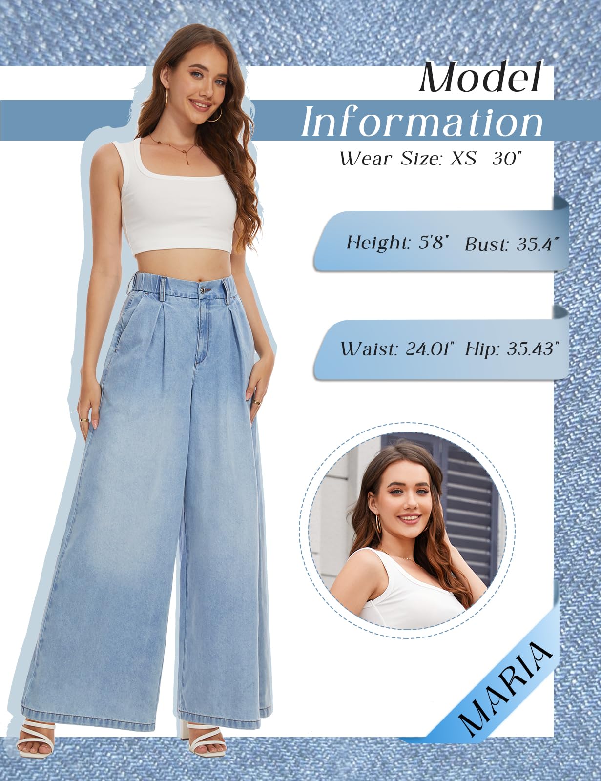 Tapata Women's 33" Inseam Tall Wide Leg Jeans High Waisted Baggy Denim Pants Palazzo Trousers, Light Blue, S
