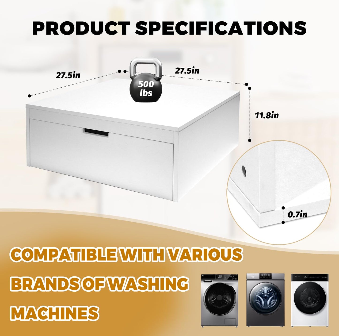 LYASIL Laundry Pedestal with Storage Drawer, Heavy Duty Washer Dryer Pedestal 28" Universal Fit Anti-Vibration Washing Machine Riser, 770 LBS Capacity (White)