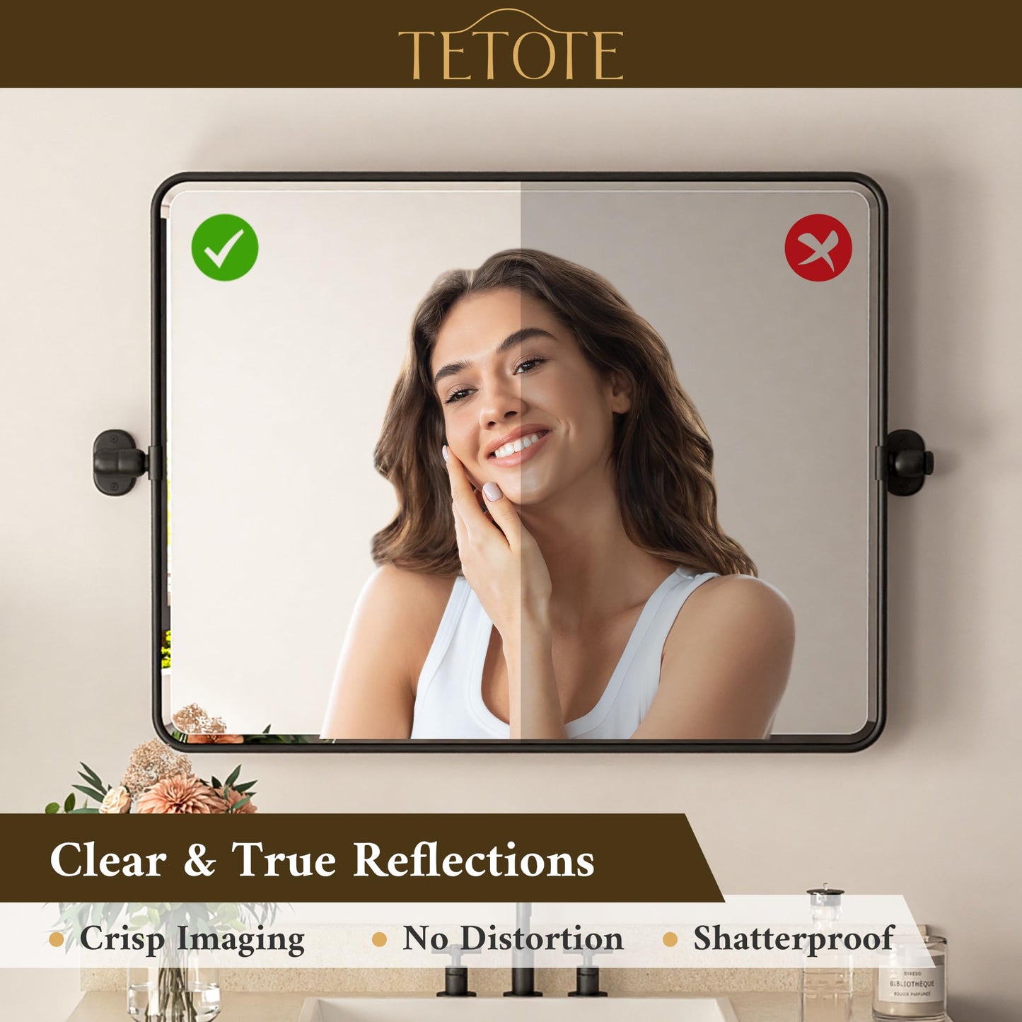 Up-titling Mirror for Bathroom - Metal Framed, Modern Farmhouse Beveled Rounded Corner