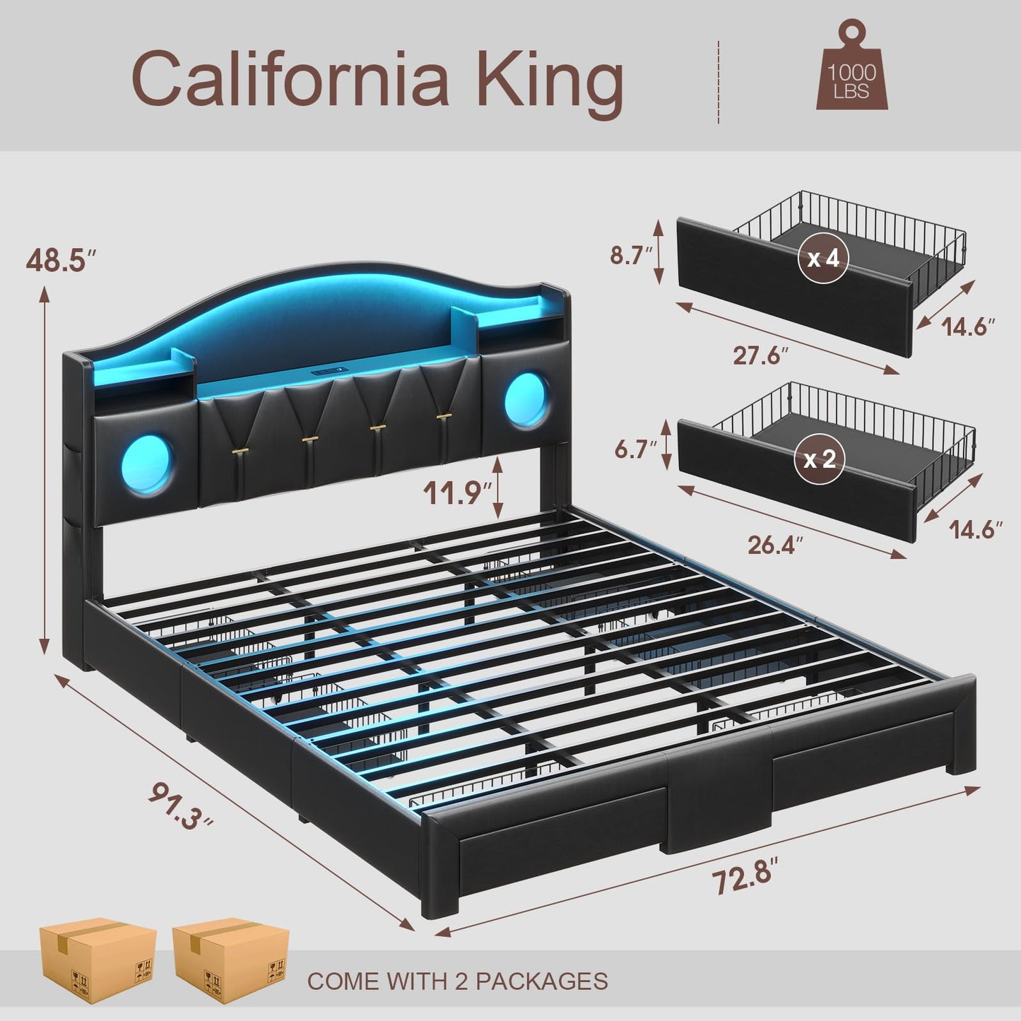 California King Bed Frames, Cal King Bed Frame with Storage Headboard & 6 Drawers, Platform Bed with with LED Lights & Charging Station, Noise-Free, No Box Spring Needed, Easy Assembly, PU Black
