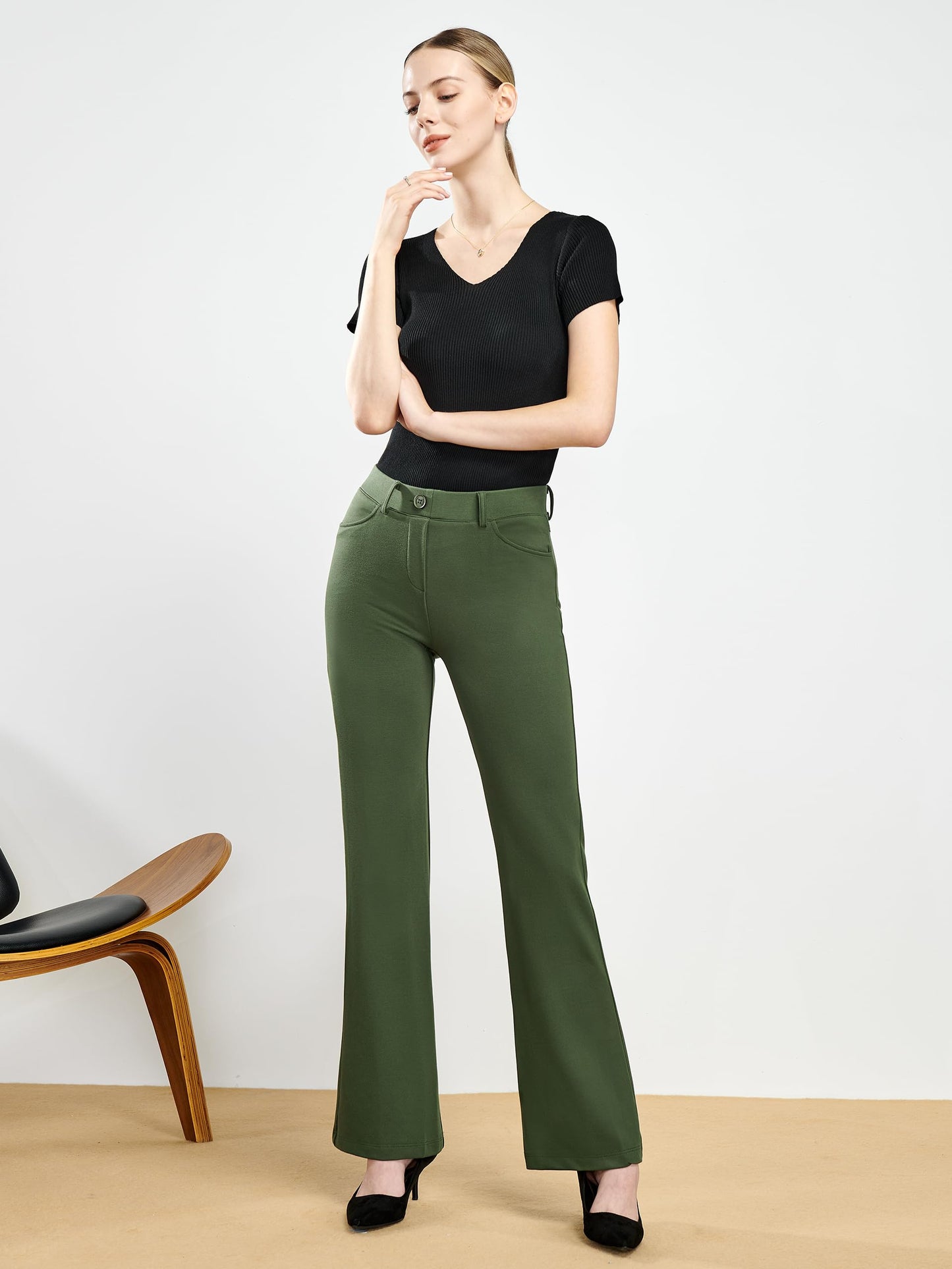 Tapata Women's 28''/30''/32''/34'' Stretchy Bootcut Dress Pants with Pockets Tall, Petite, Regular for Office Work Business 34",Olive,XXL