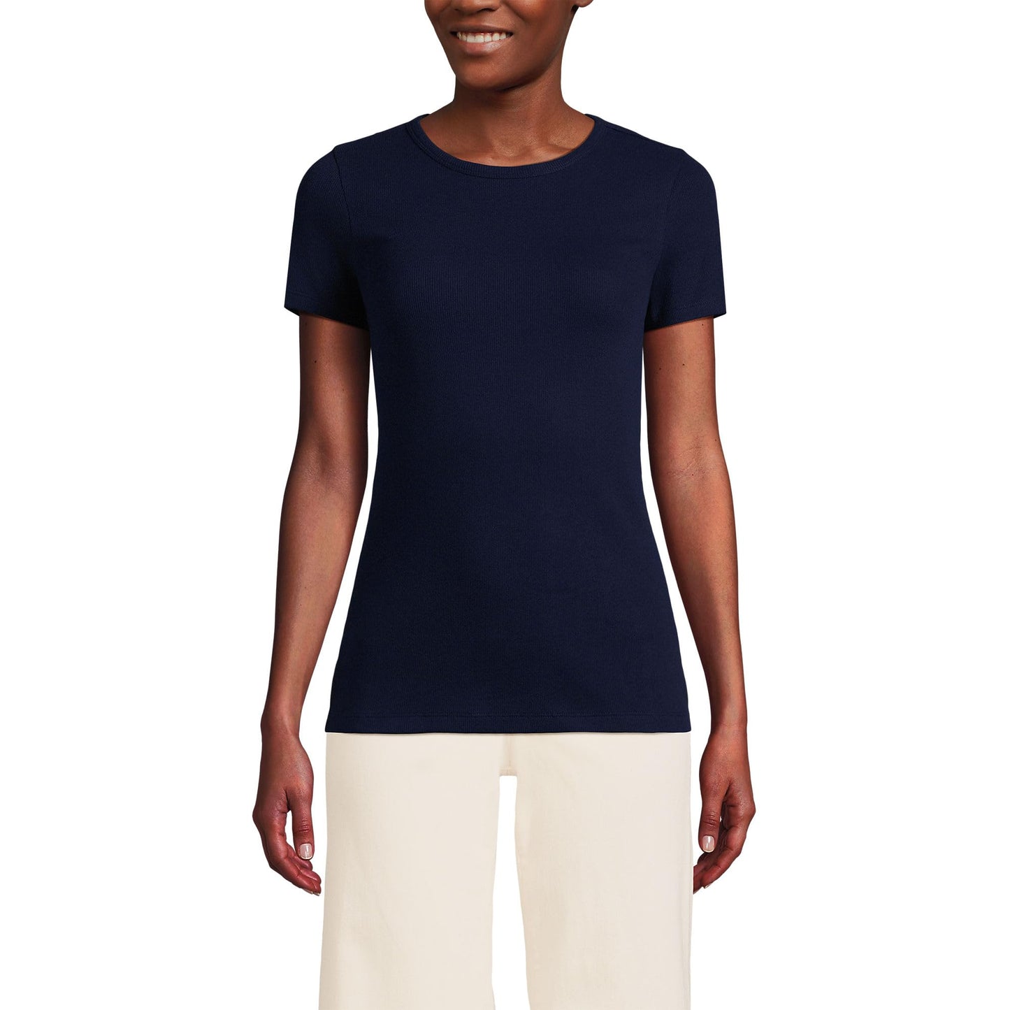 Lands' End Womens Short Sleeve Micro Rib Crew Deep Sea Navy Tall Medium