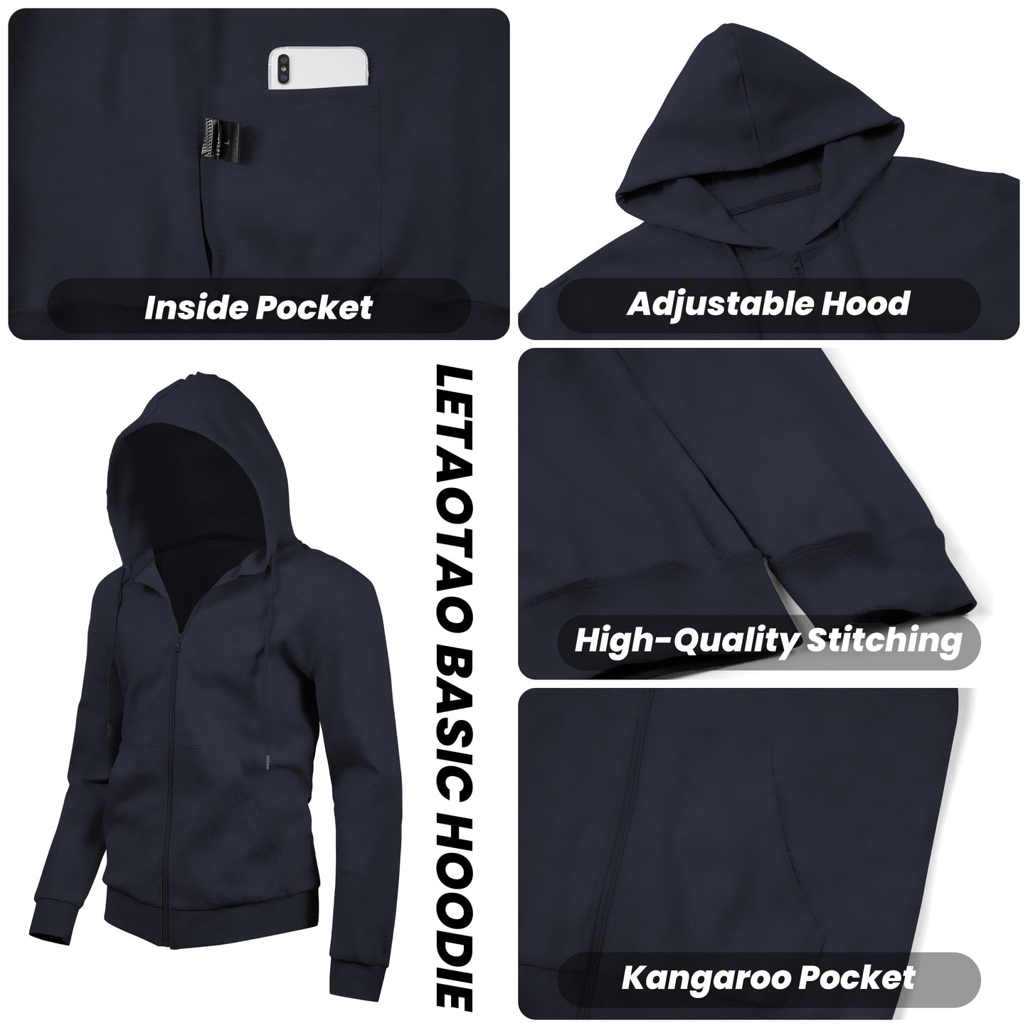 LETAOTAO Lightweight Hoodie Men Zip Up Hooded Sweatshirt Thin Slim Fit Jacket Available in Regular & Tall Sizes（Navy，Tall-3XL）